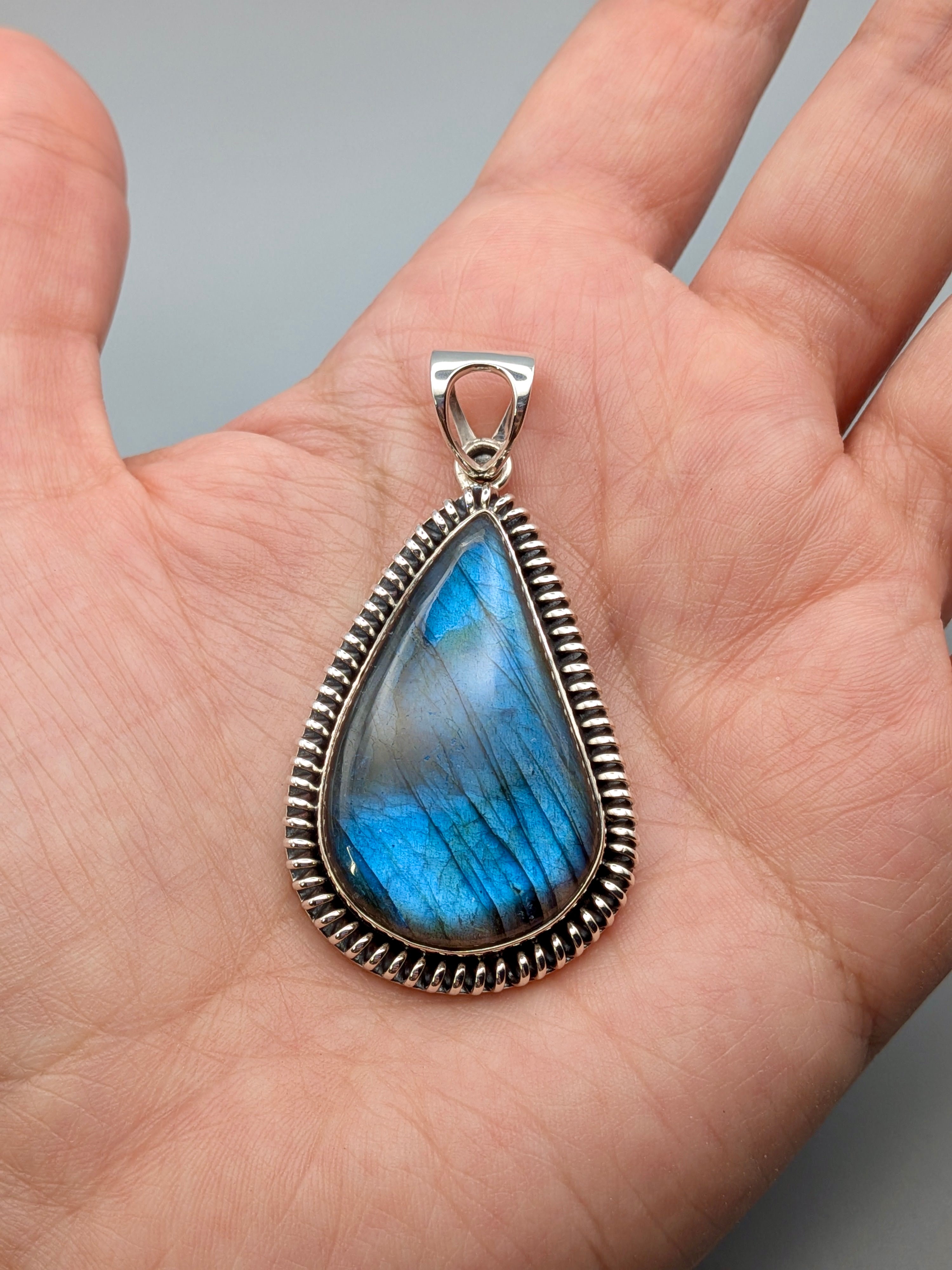 •LABRADORITE TEARDROP - COILED• sterling silver pendant