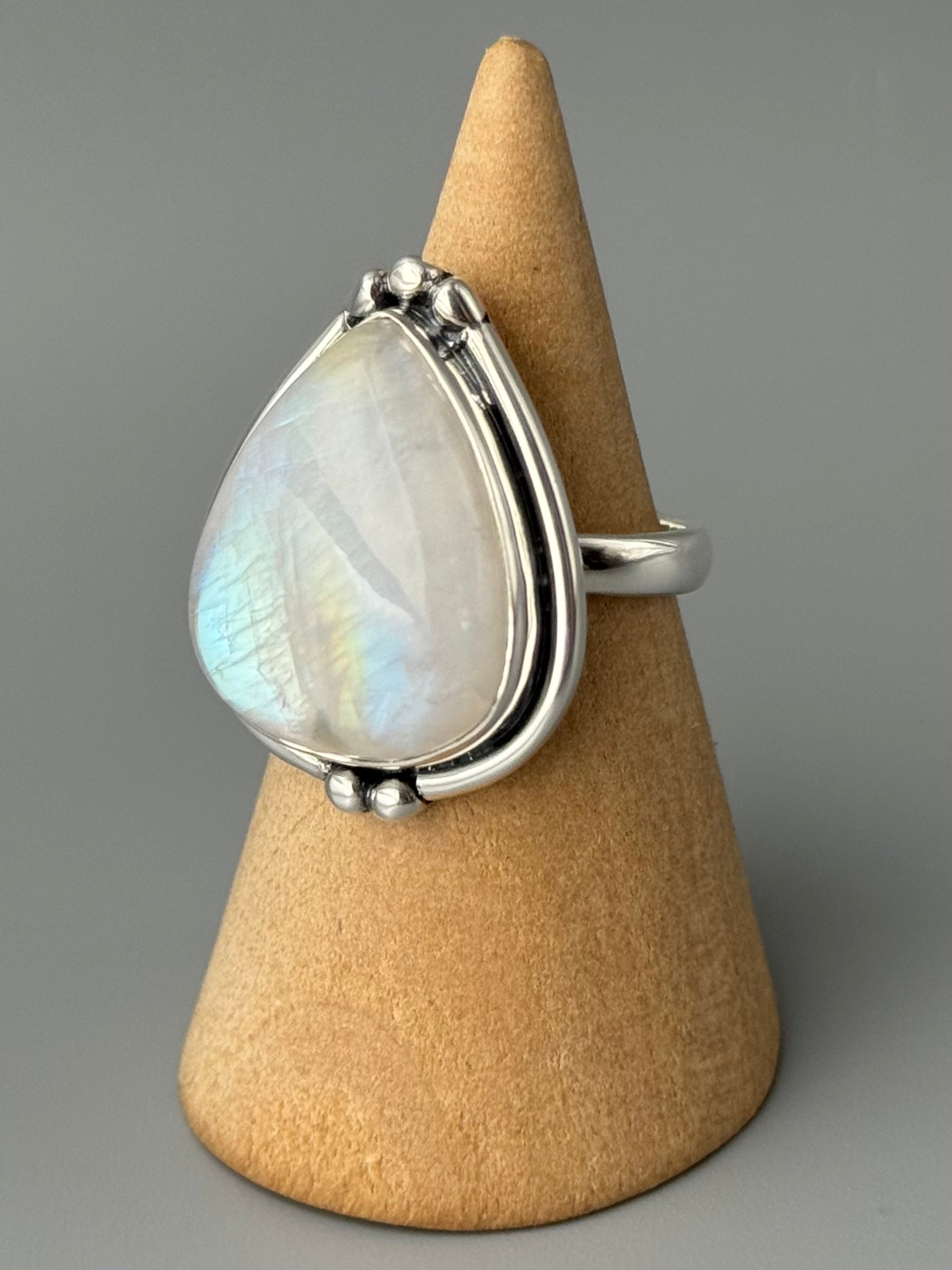 •RAINBOW MOONSTONE - LOOKING GLASS• double bezel silver ring (size 7.25)
