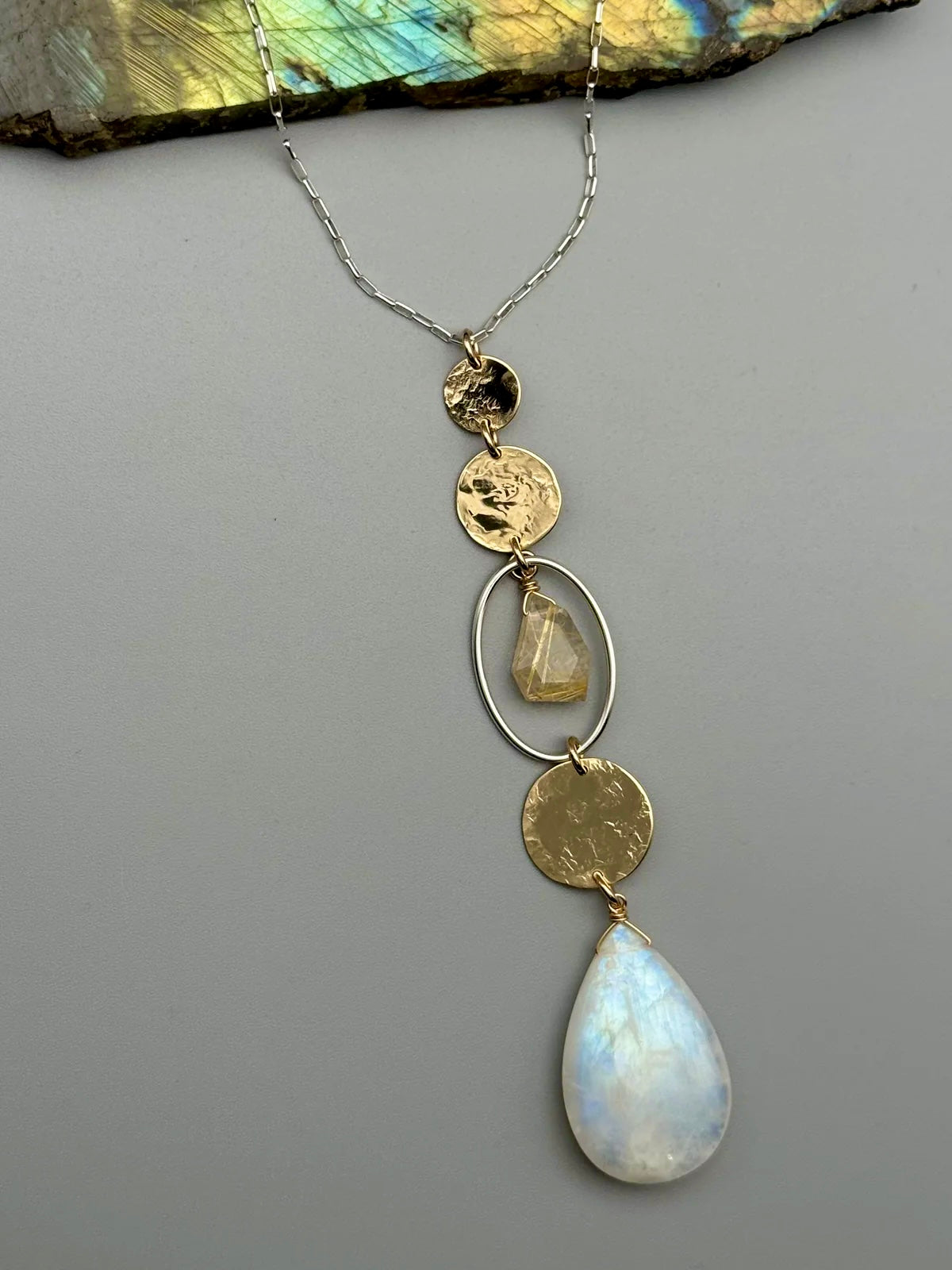 •NYX• rutilated quartz + rainbow moonstone mixed metal necklace (26"-28" long)