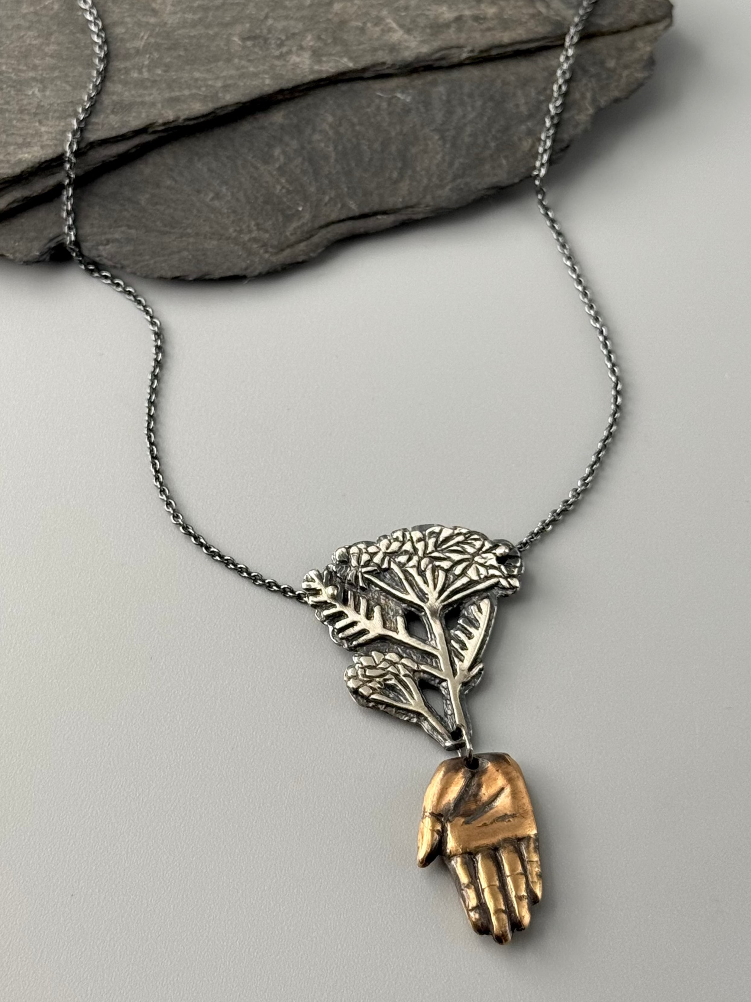 •YARROW + HAMSA• mixed metal necklace (18" long)
