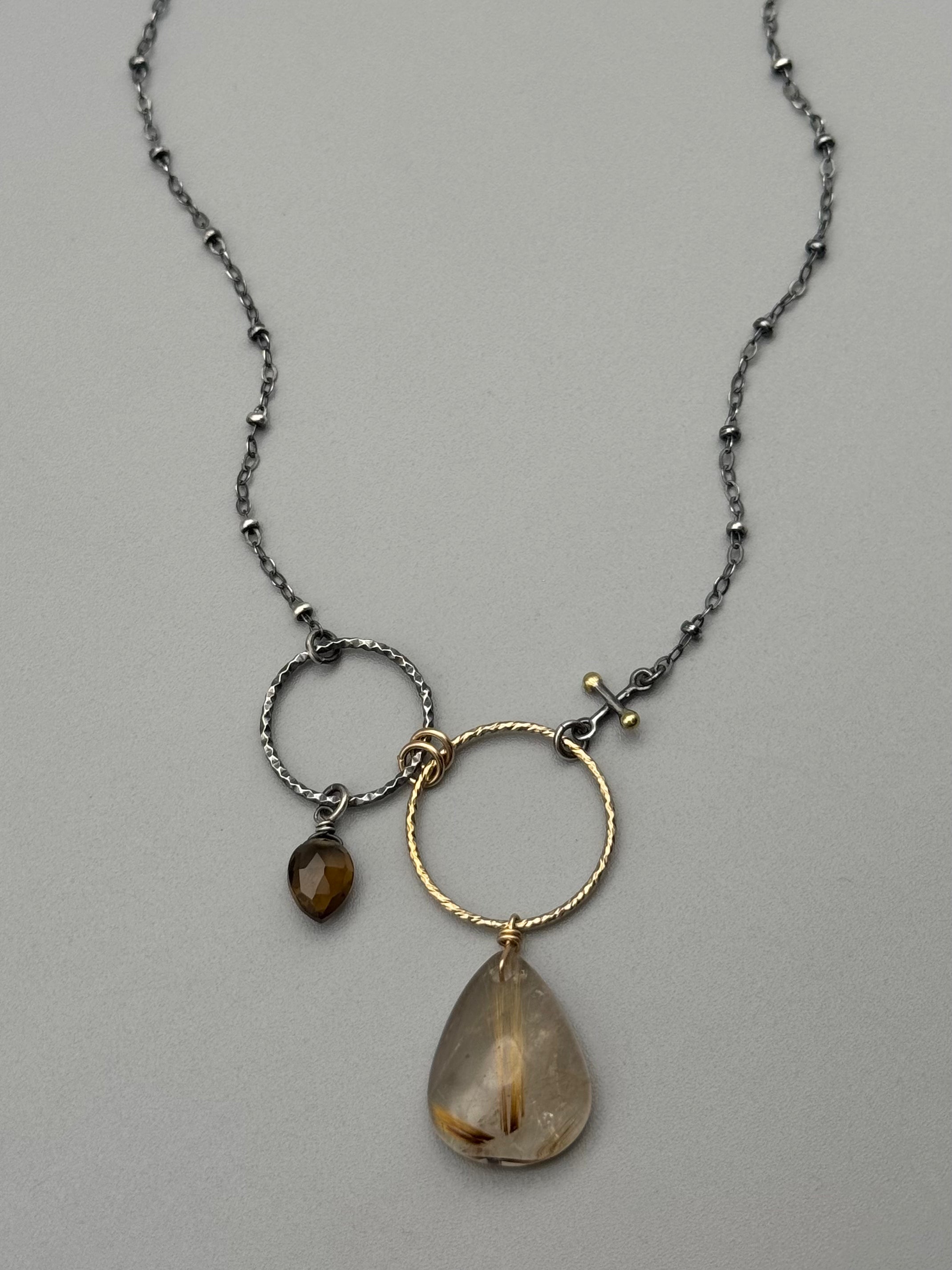 •UNION• honey quartz + rutilated quartz mixed metal necklace (16"-18" long)