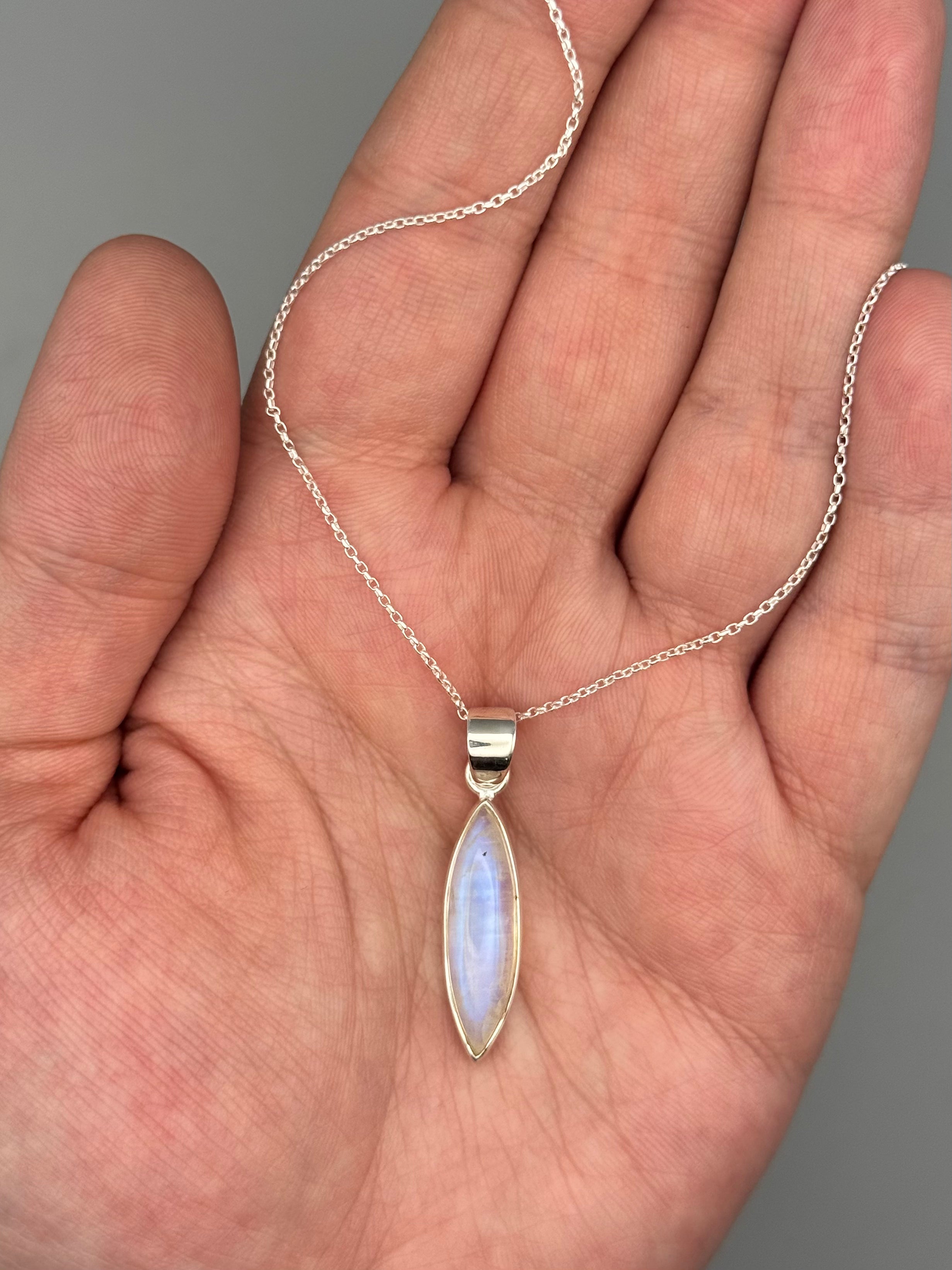 •RAINBOW MOONSTONE - MARQUISE• sterling silver necklace (18" long)