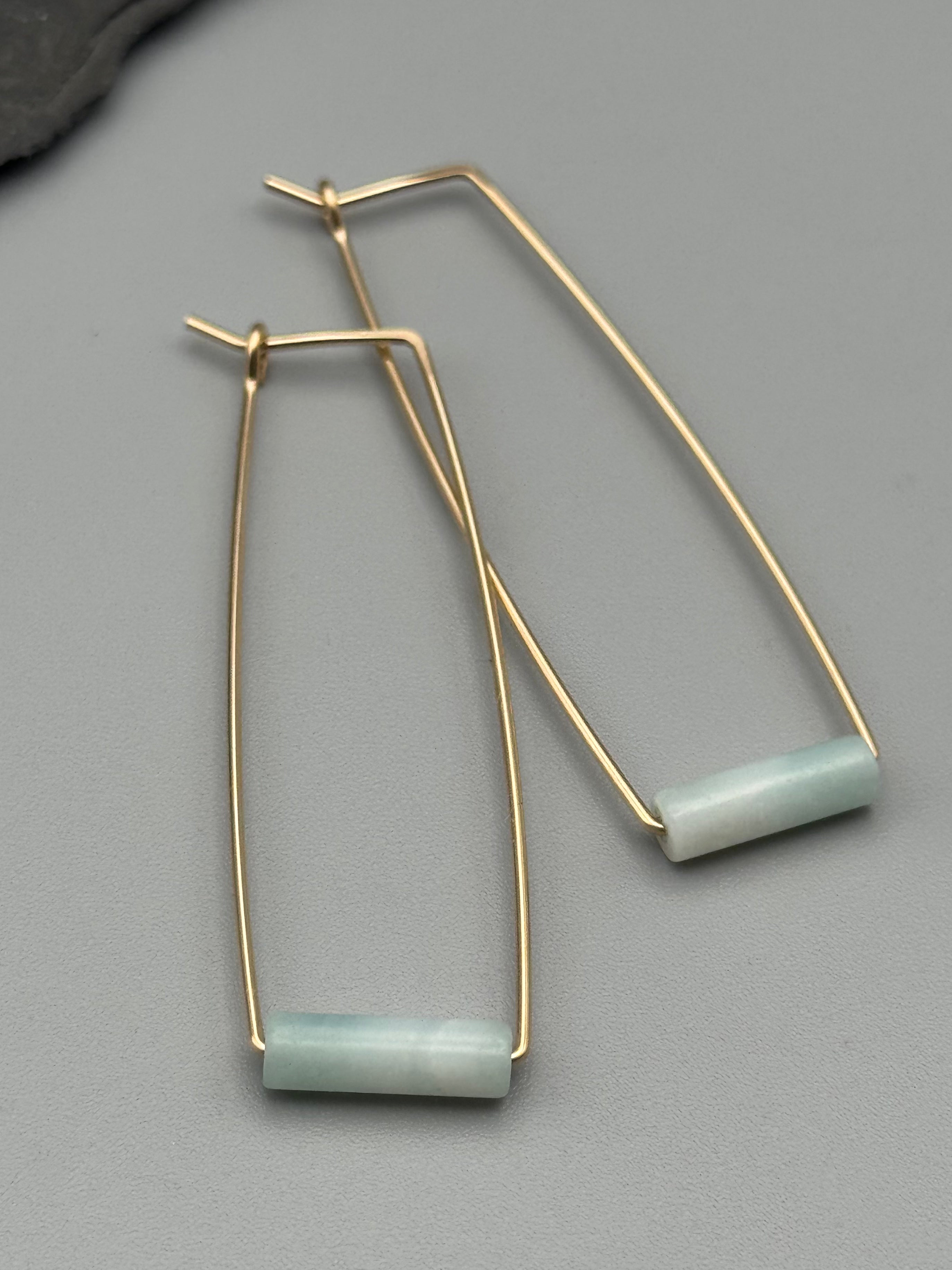 •RECTANGLE TUBE HOOP• aquamarine + gold earrings