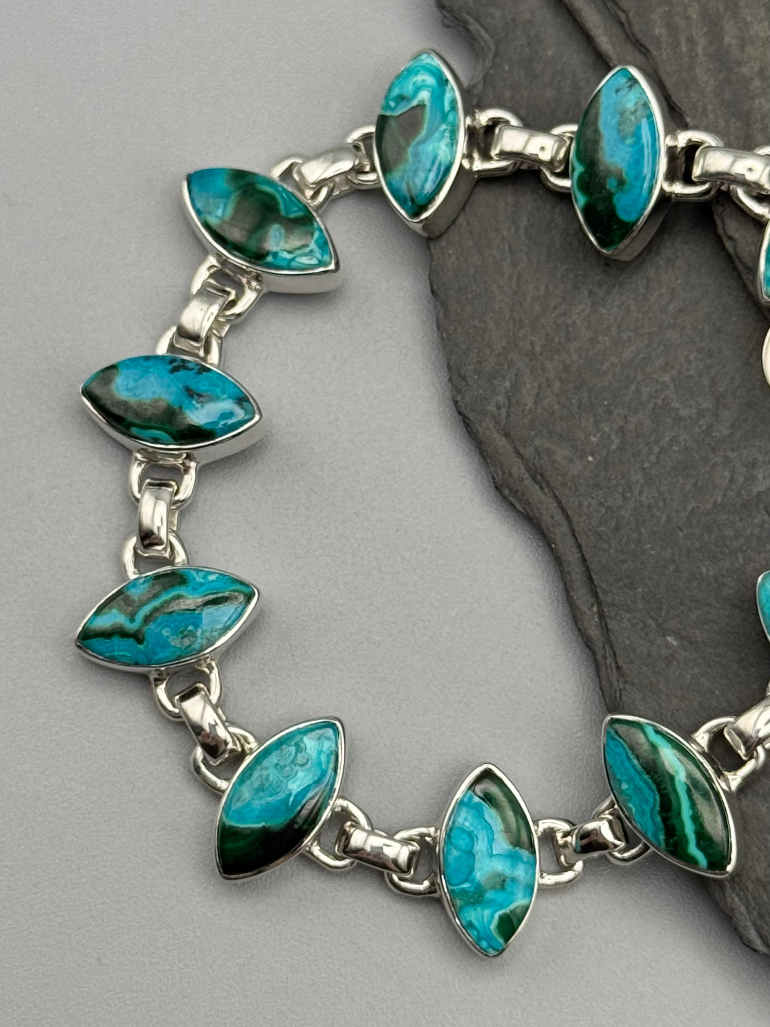 •MALACHITE CHRYSOCOLLA - MARQUISE• linked silver bracelet (6.5" - 7.75")