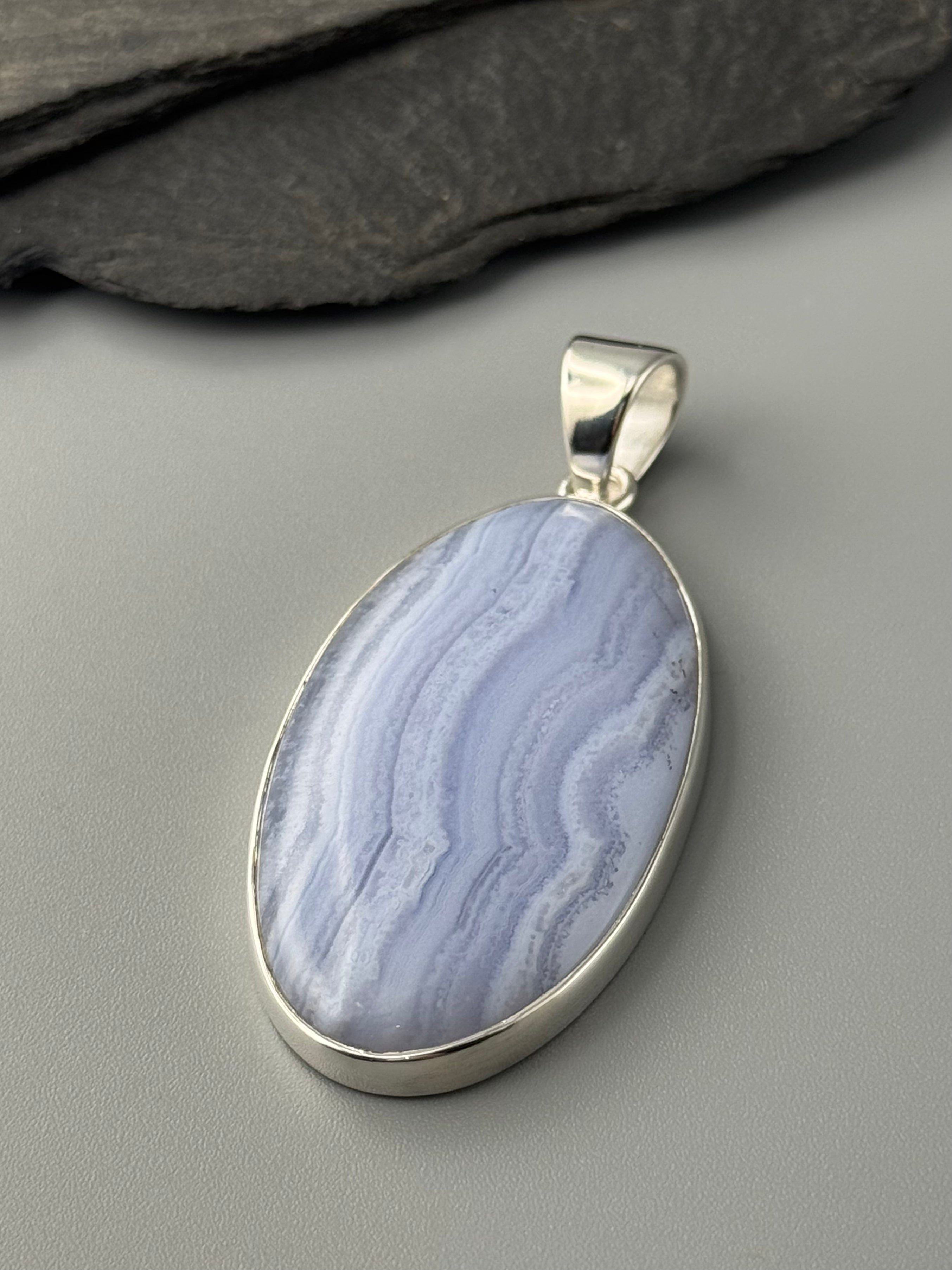 •BLUE LACE AGATE - LARGE OVAL• sterling silver pendant