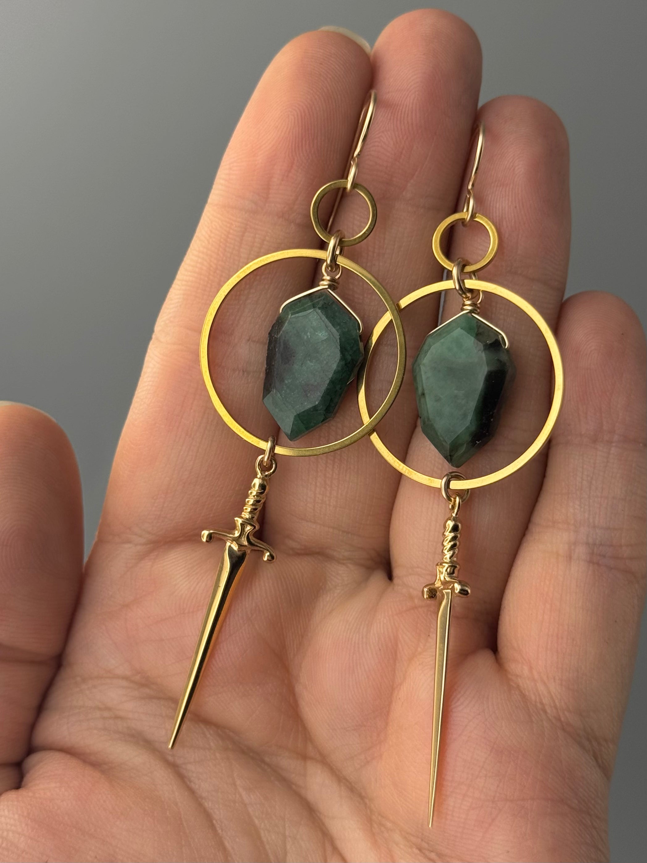 •DAGGER DUEL• emerald + gold earrings