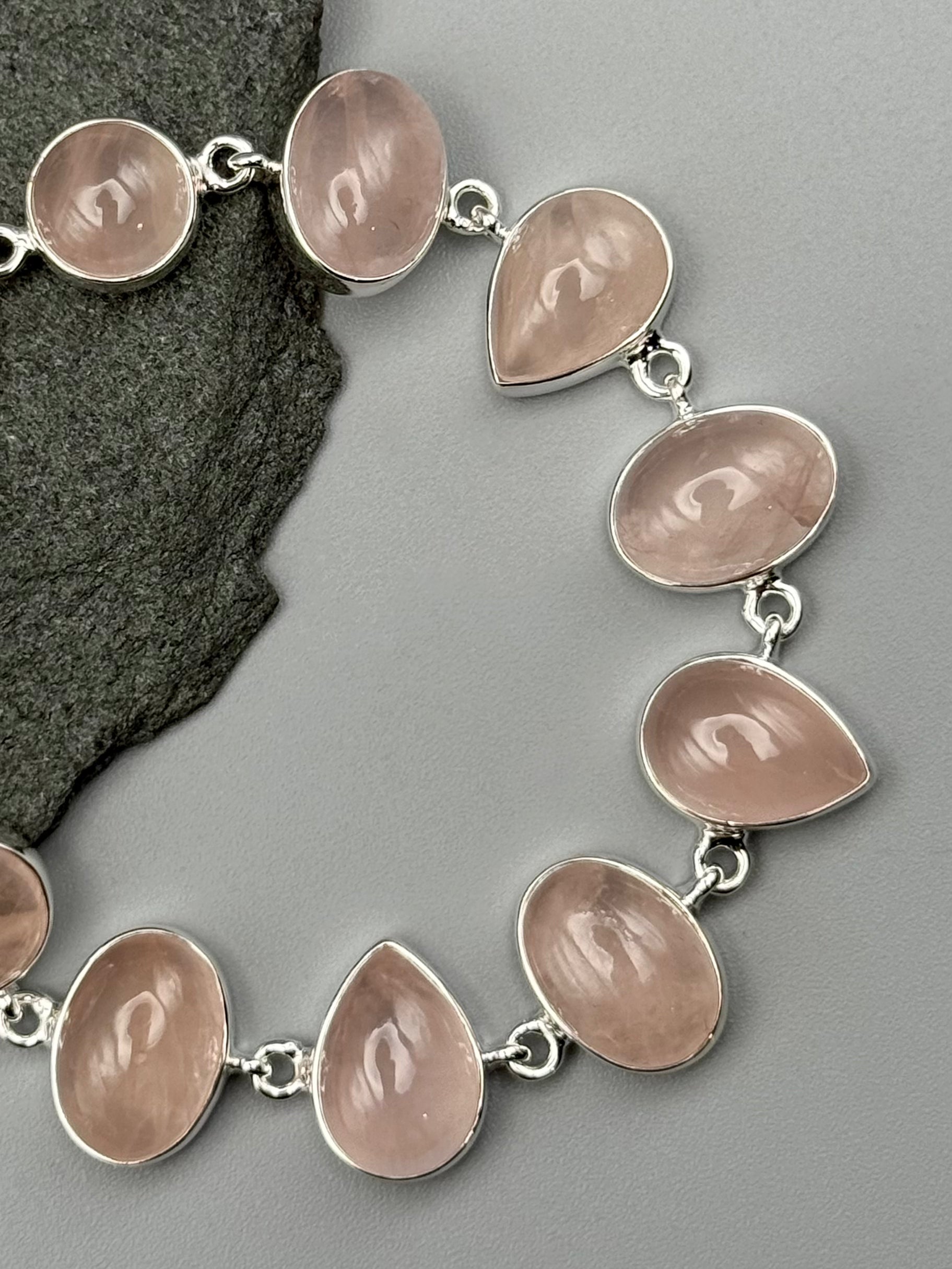 •ROSE QUARTZ - GEO MIX• linked silver bracelet (7.25" - 8.25")