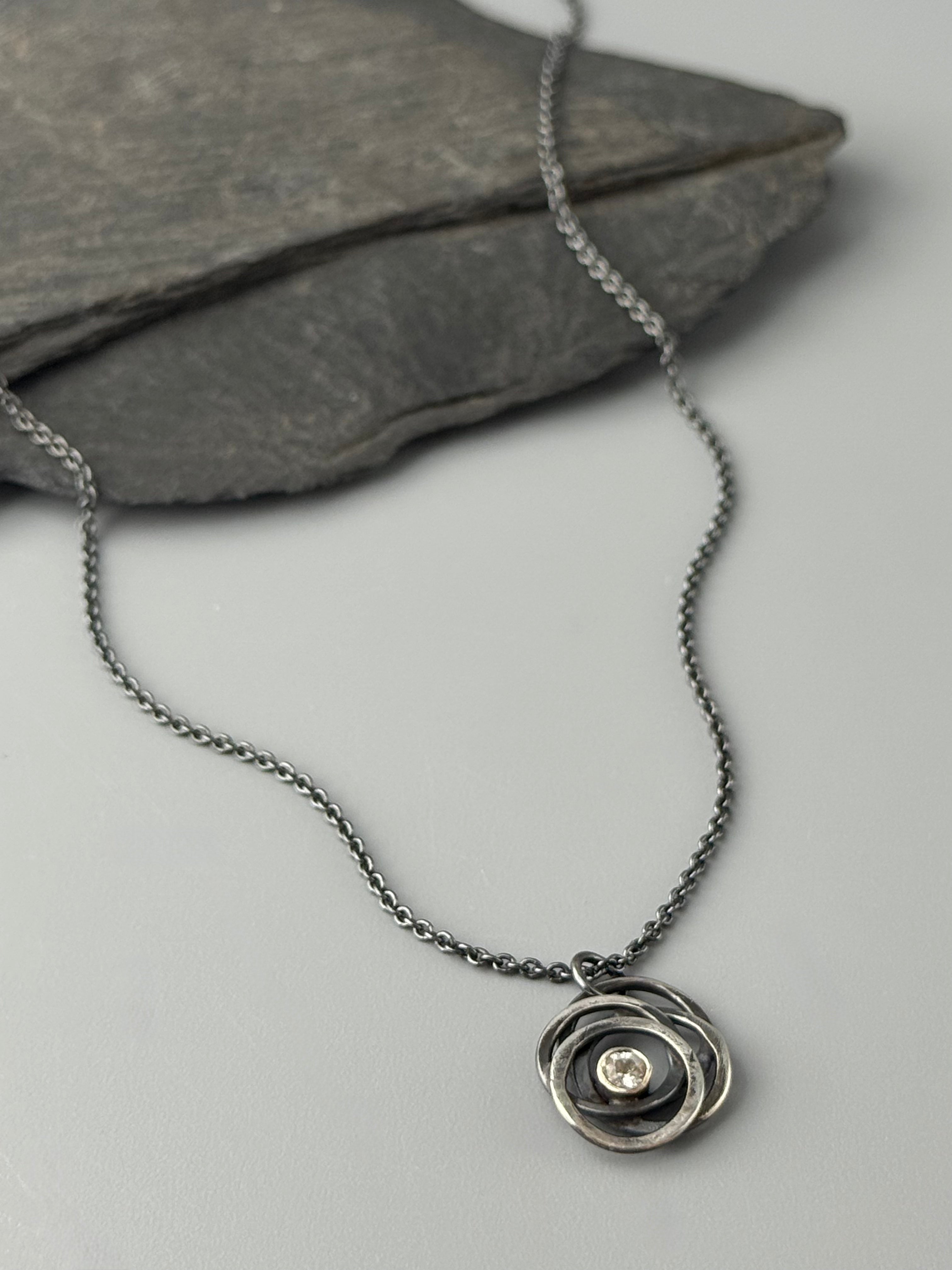 •TINY GALAXY• white topaz + oxidized silver necklace (16" long)