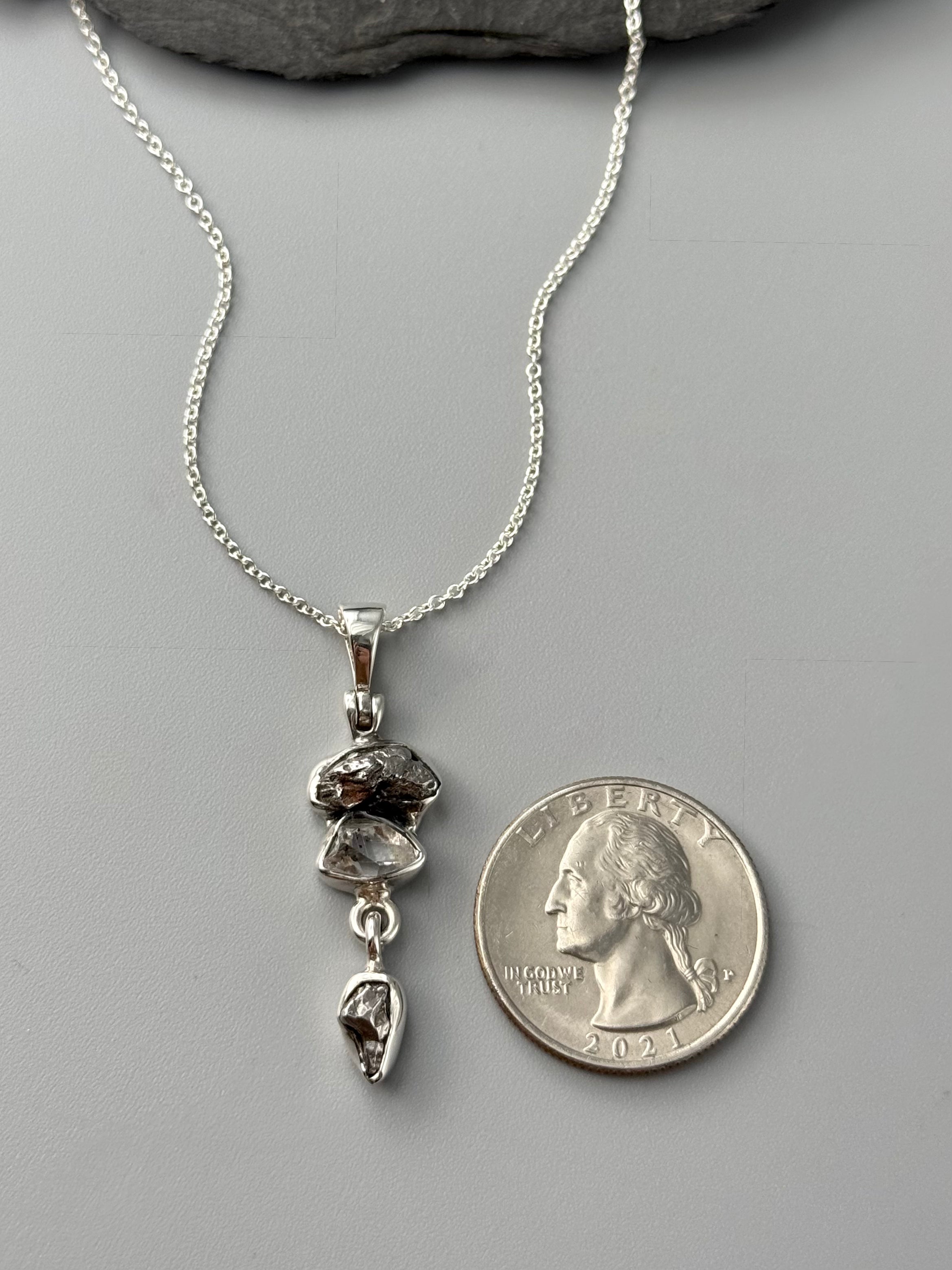 •LIL' TRIO DROP• meteorite + herkimer sterling silver necklace (18" long)