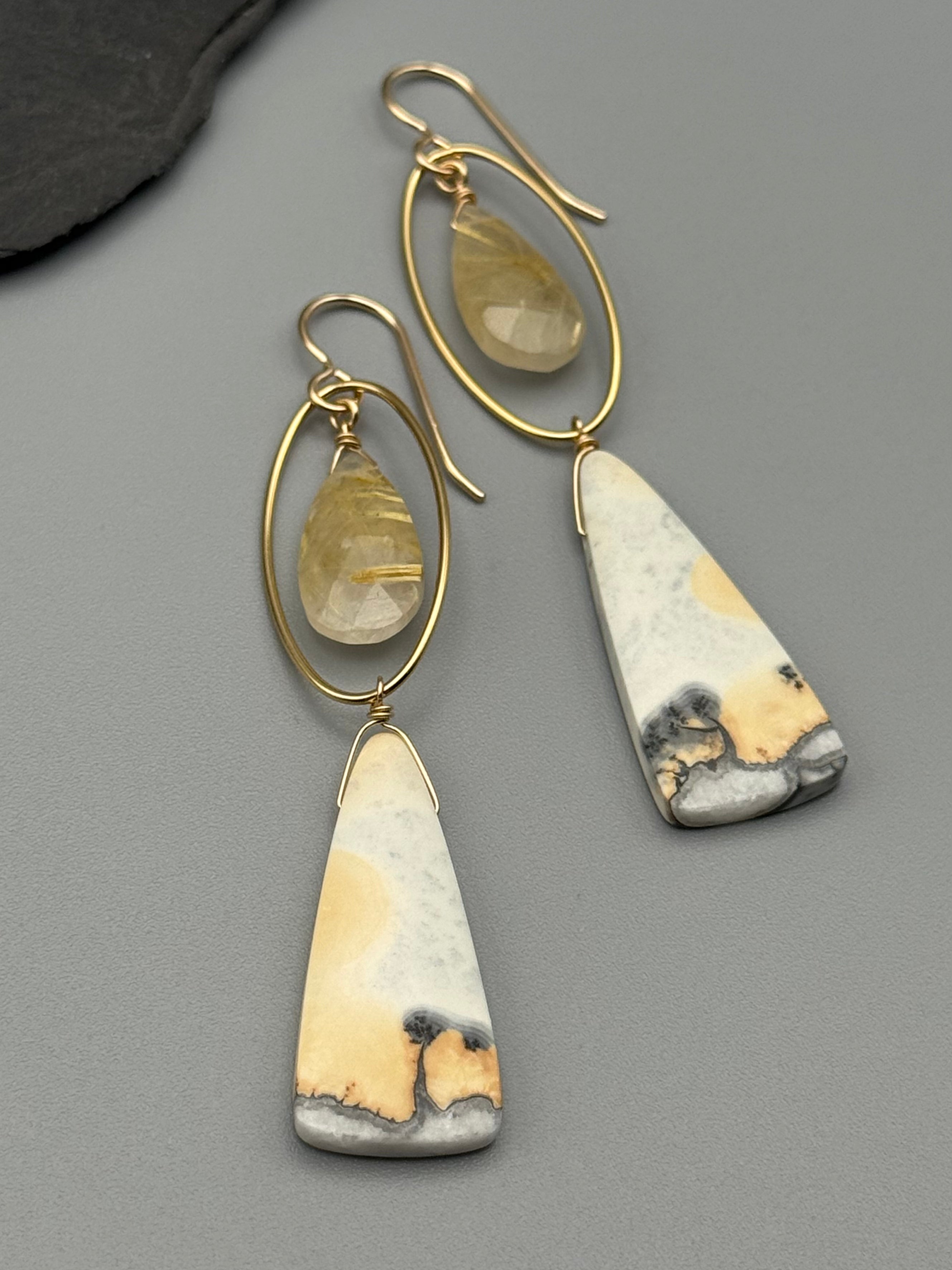 •LUNA• rutilated quartz + jasper gold earrings