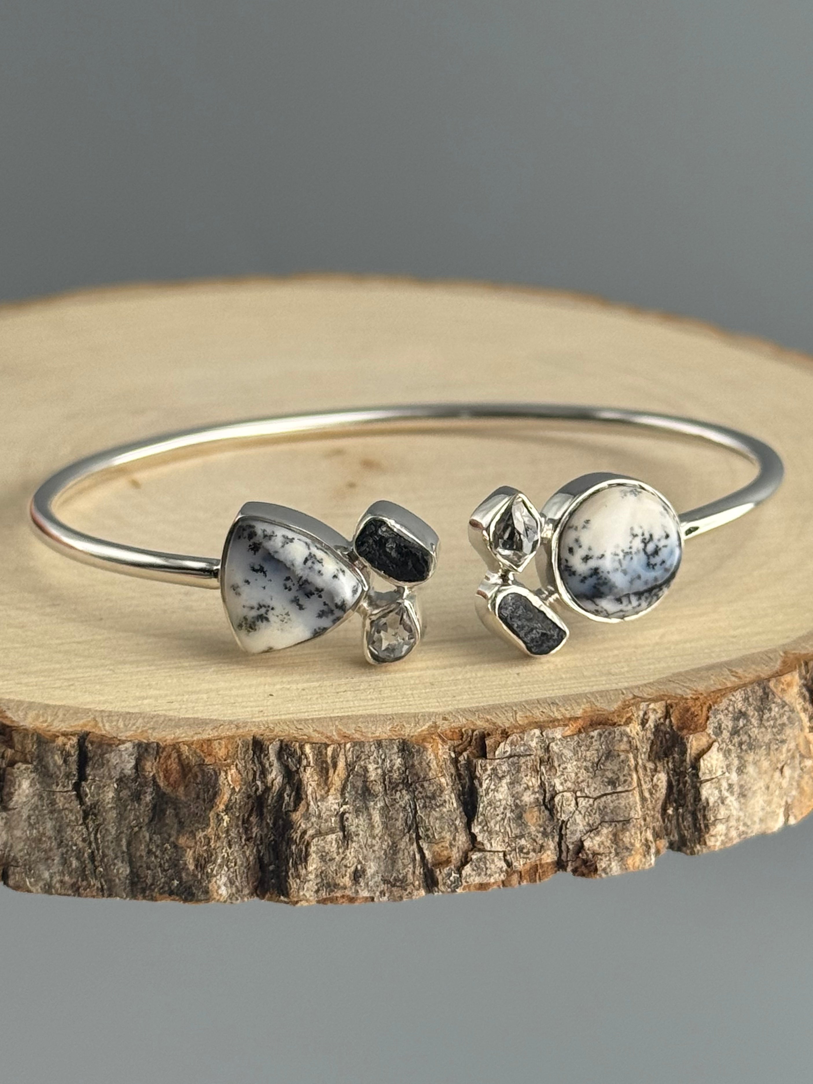 •CLUSTER• dendritic opal + black tourmaline + herkimer diamond + silver twist-on cuff bracelet