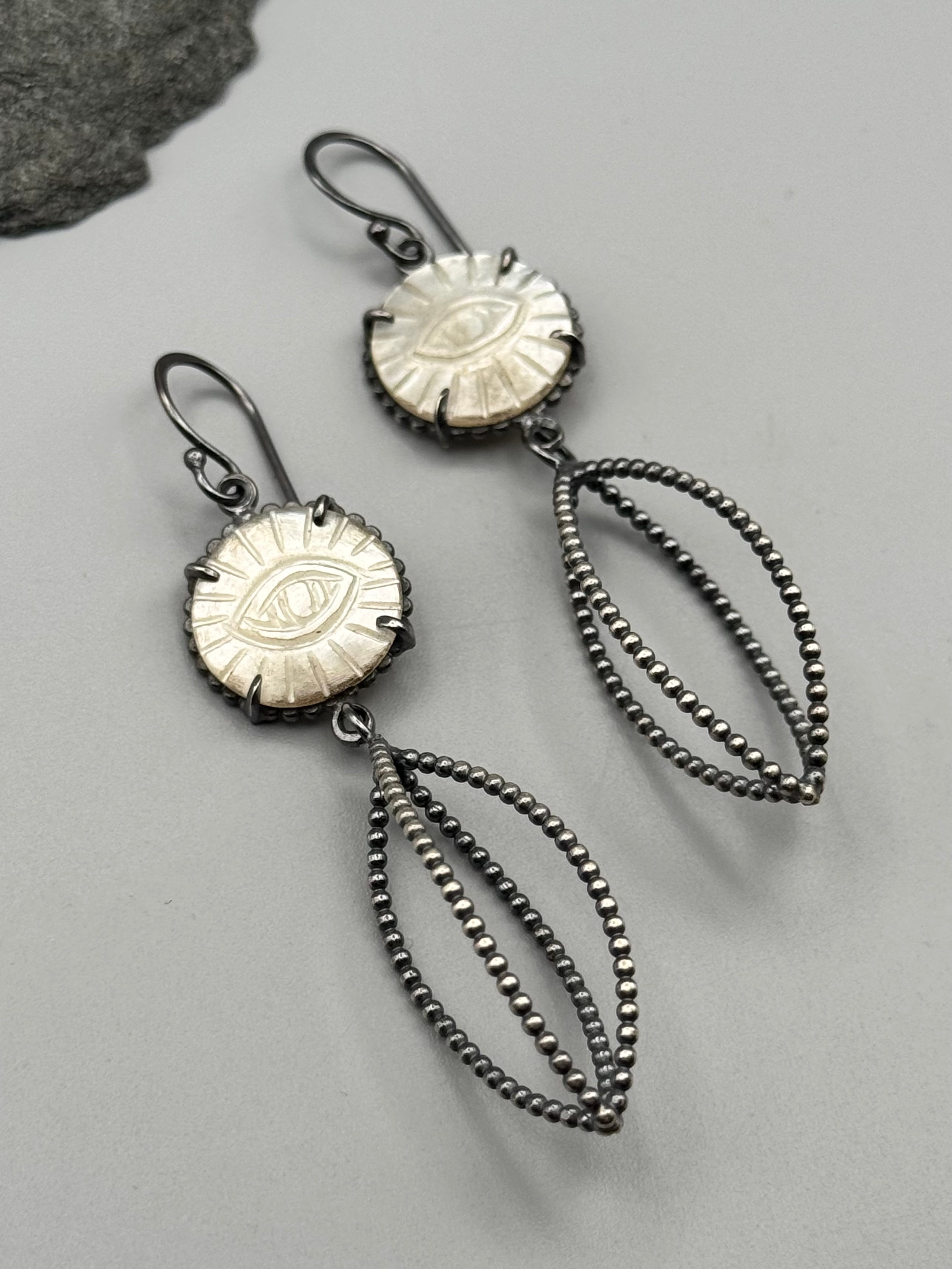 •VESSEL• carved mother of pearl + silver dangle earrings