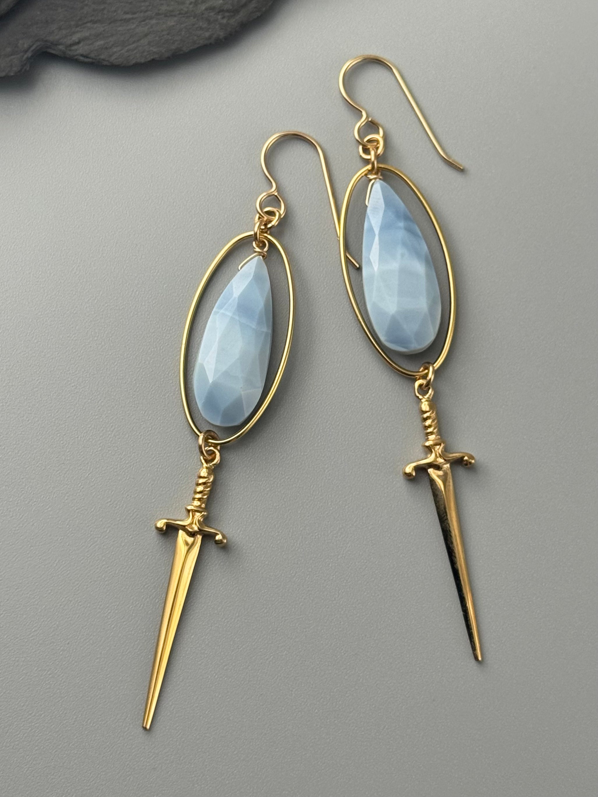 •DAGGER DUEL• blue opal + gold earrings