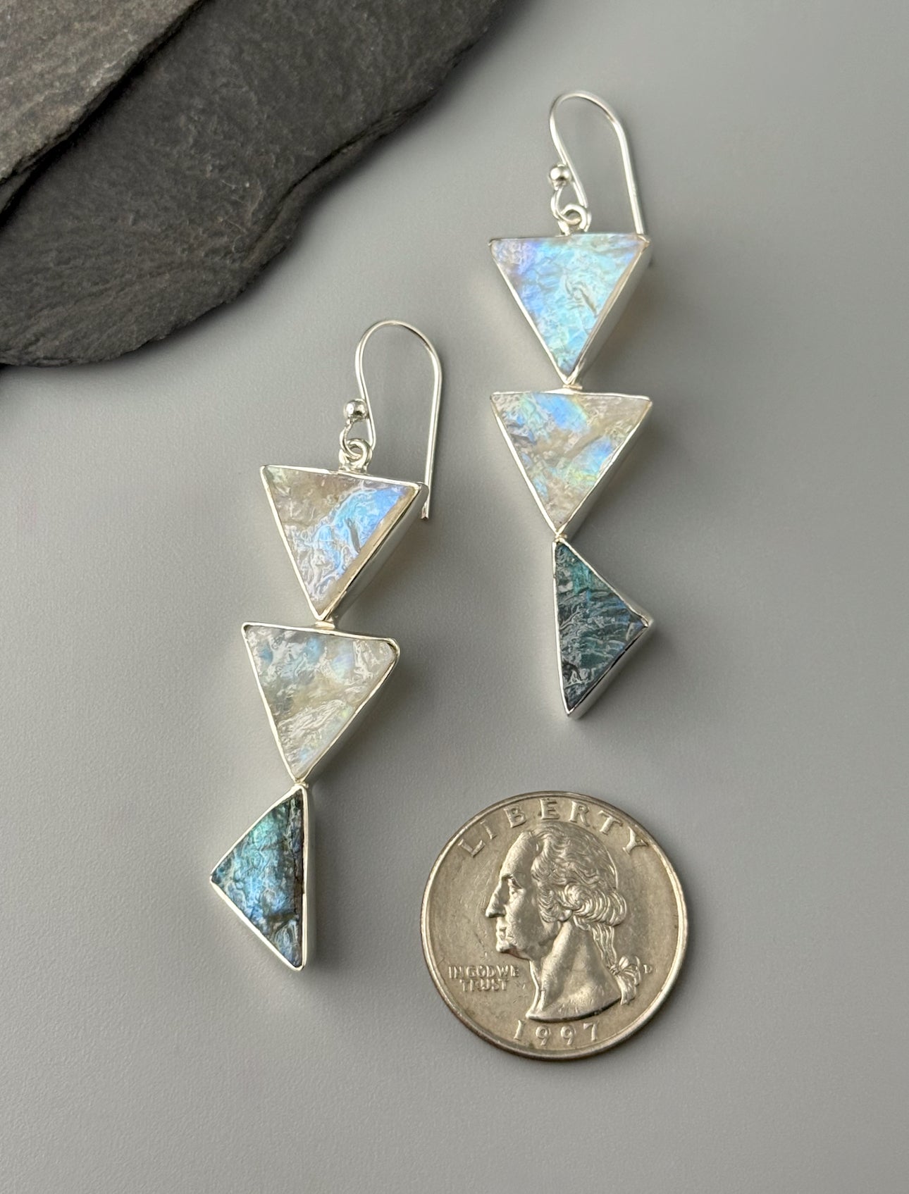 •RAINBOW MOONSTONE + LABRADORITE - TRI STACK• silver dangle earrings