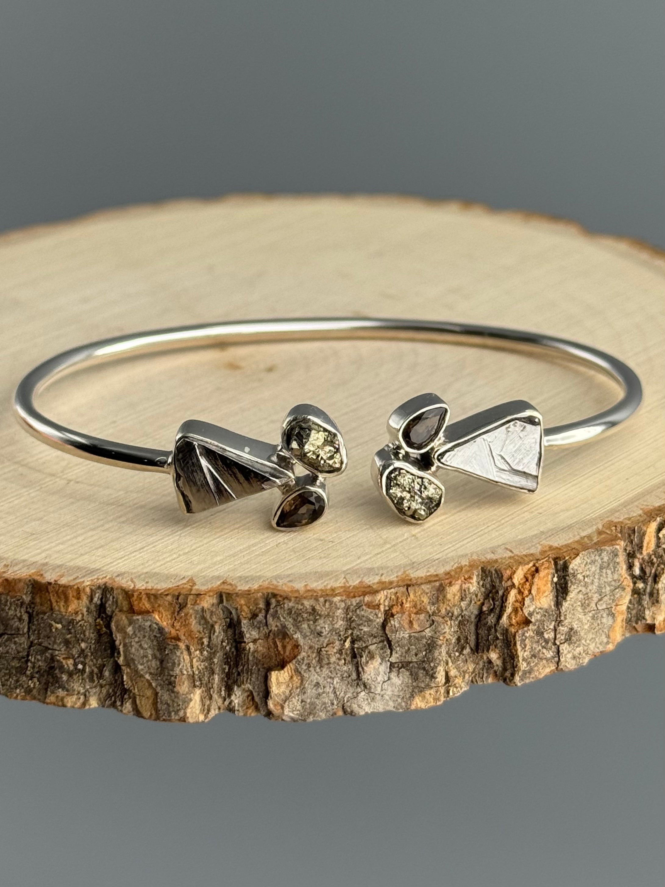 •CLUSTER• meteorite + pyrite + smoky quartz + silver twist-on cuff bracelet