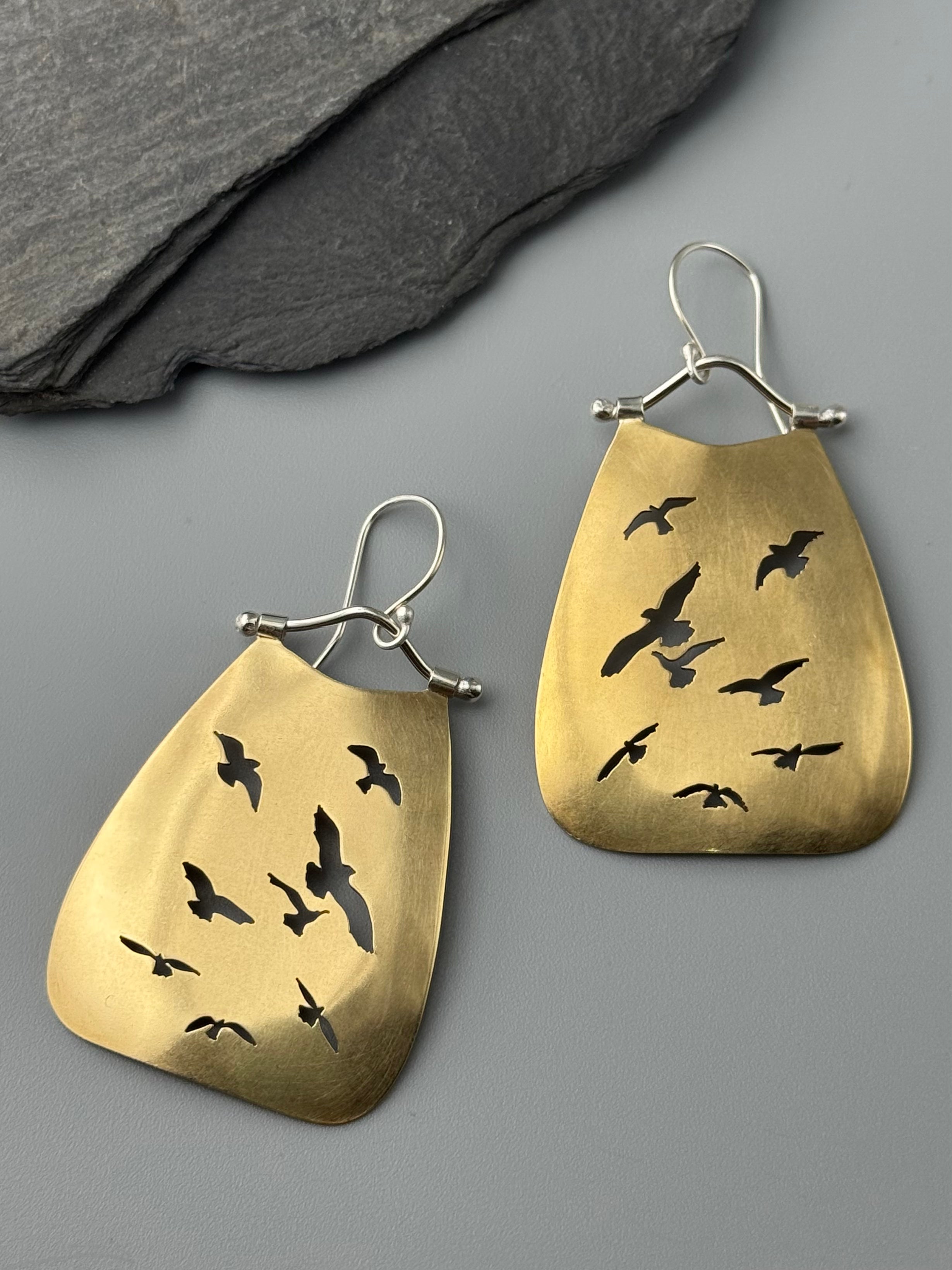 •FLOCK YEAH• bird silhouette + mixed metal dangle earrings
