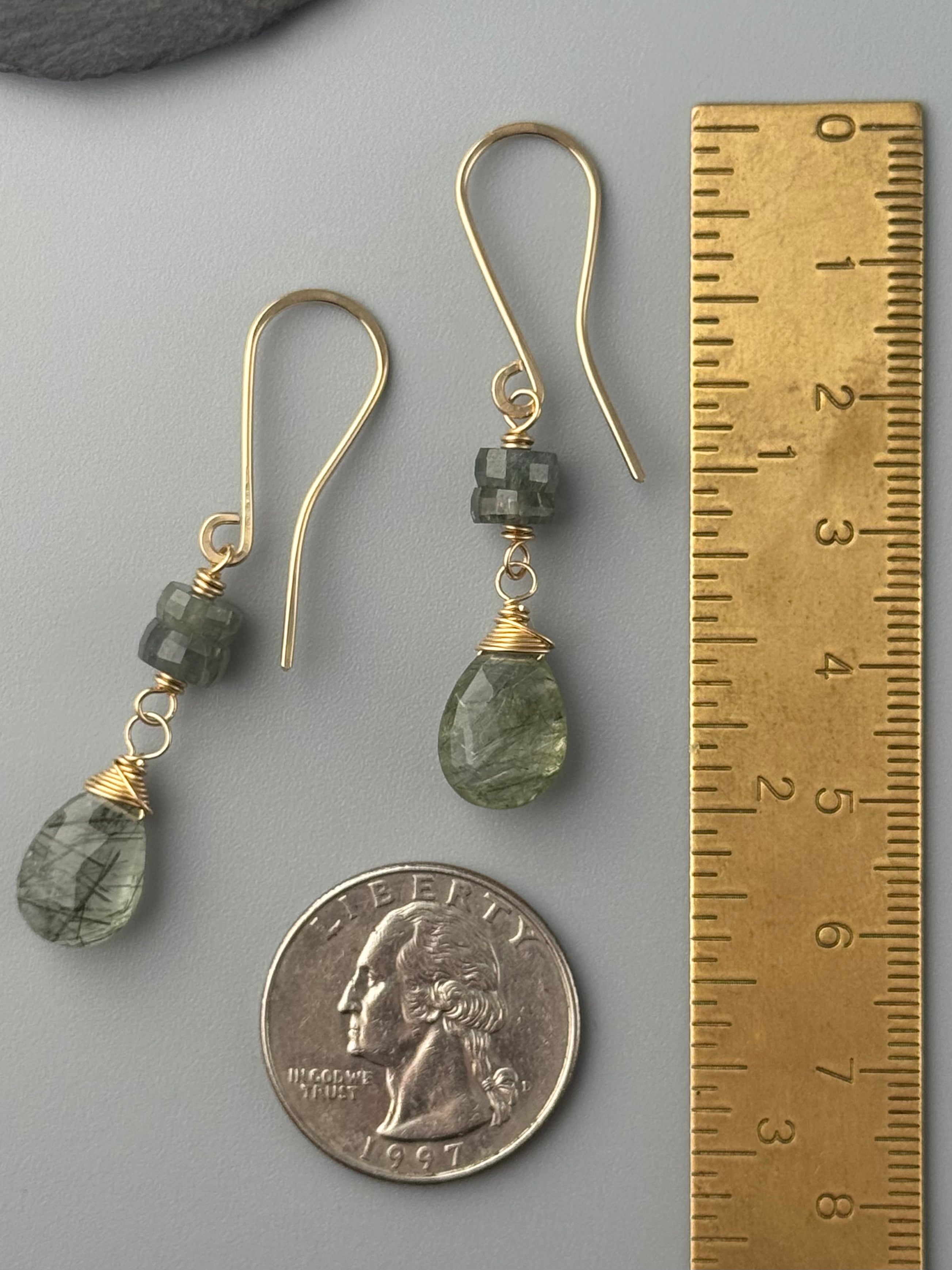 •MOSSY DROP• moss agate + tourmalinated quartz gold dangle earrings