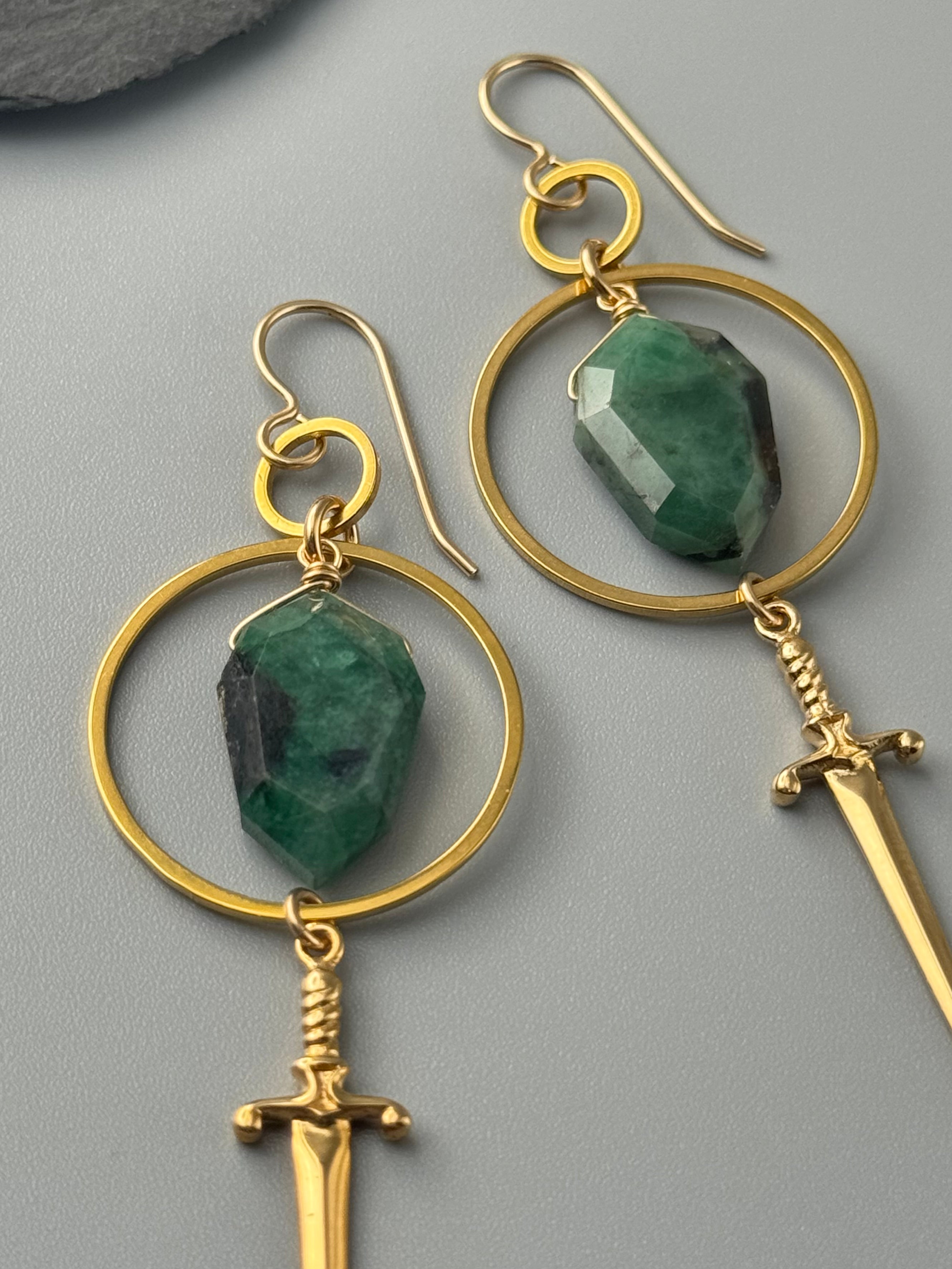 •DAGGER DUEL• emerald + gold earrings