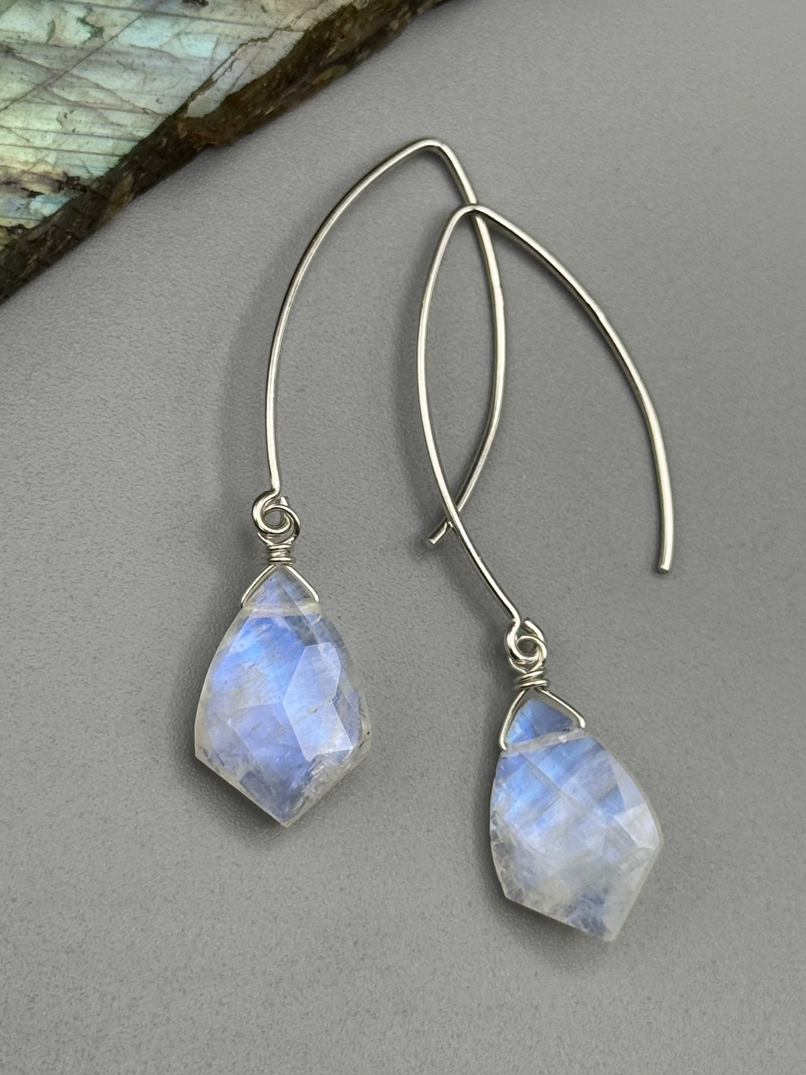 •STRAY• rainbow moonstone sparrow + silver earrings