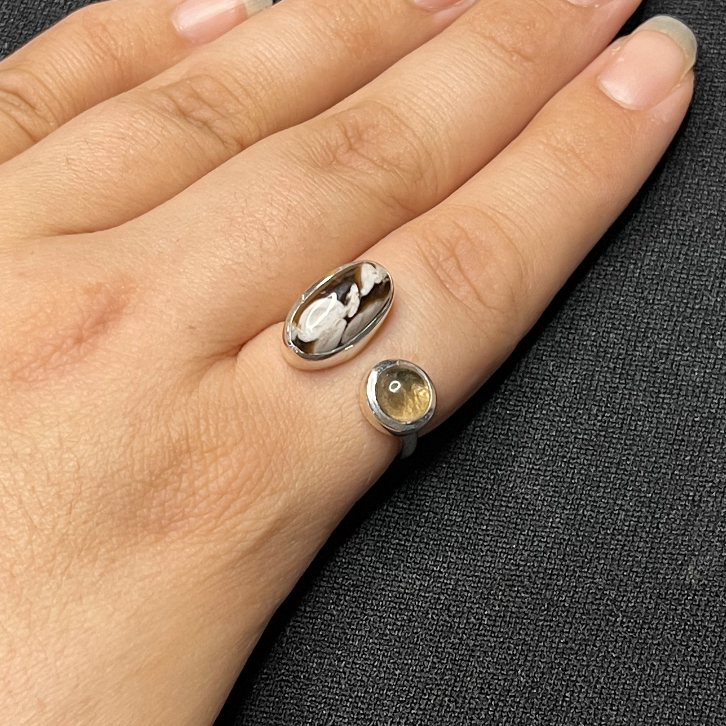 •OPEN WRAP• peanut wood jasper + smoky quartz + silver adjustable ring