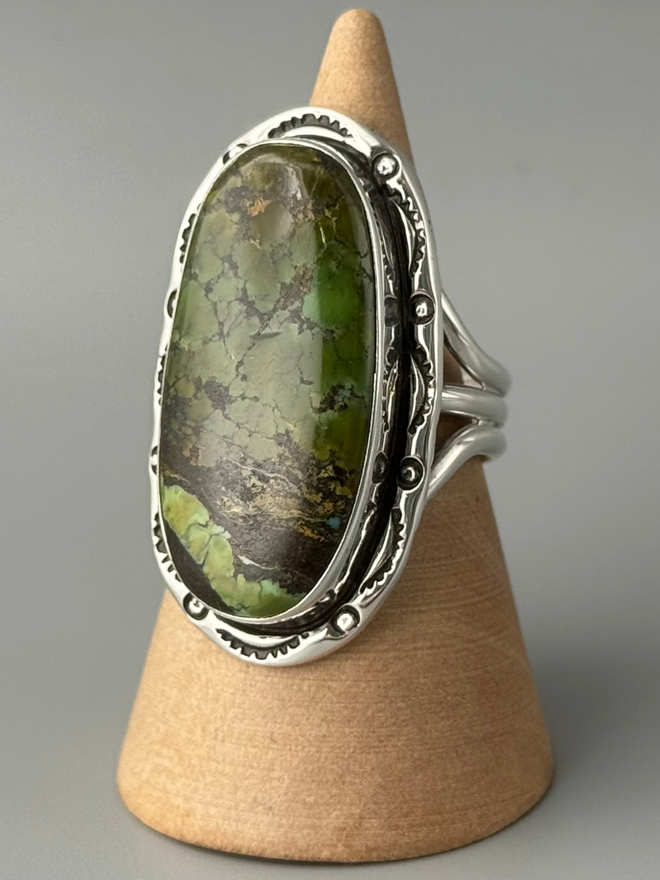 •BLACKJACK TURQUOISE - SHÁ• Navajo silver ring (size 10.25)