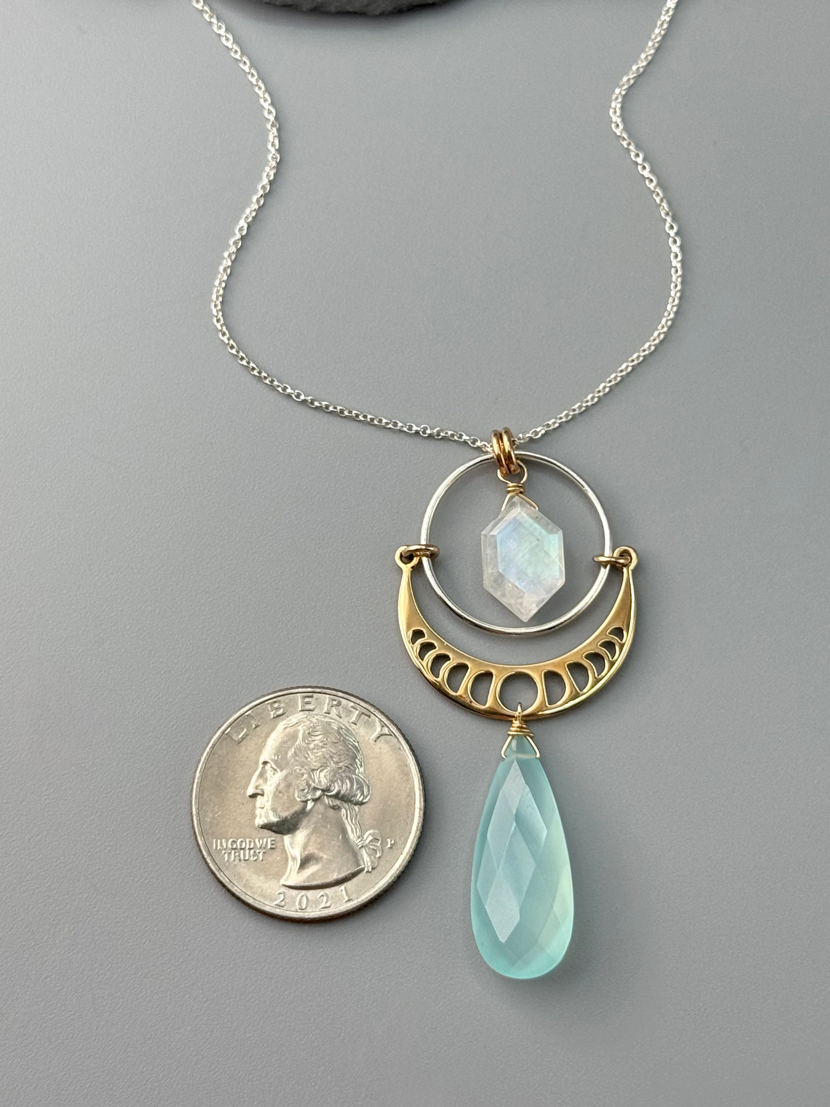 •NYX• rainbow moonstone + aqua chalcedony mixed metal necklace (18"-20" long)