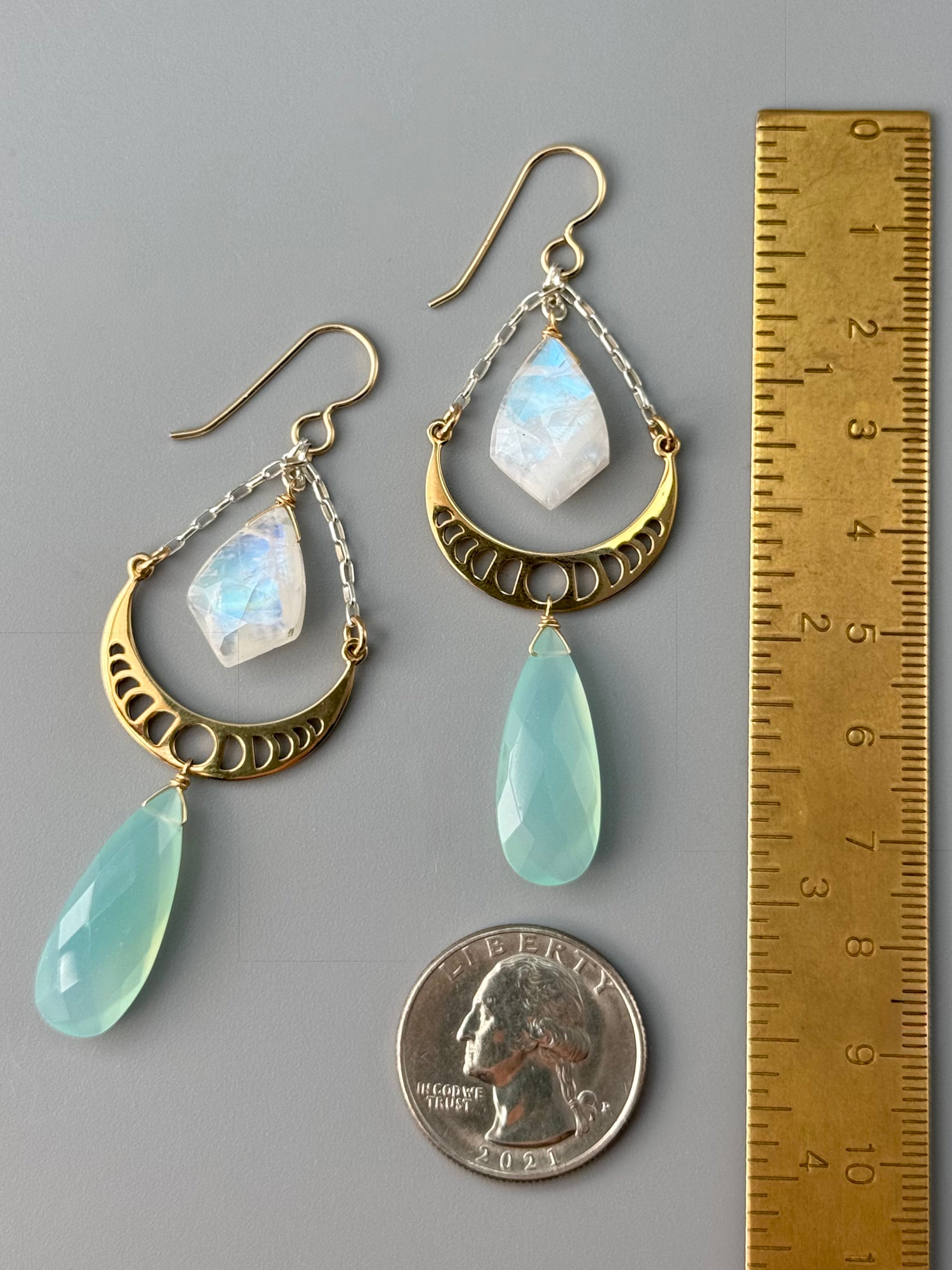 •MOON PHASE SWING• rainbow moonstone + aqua chalcedony mixed metal earrings