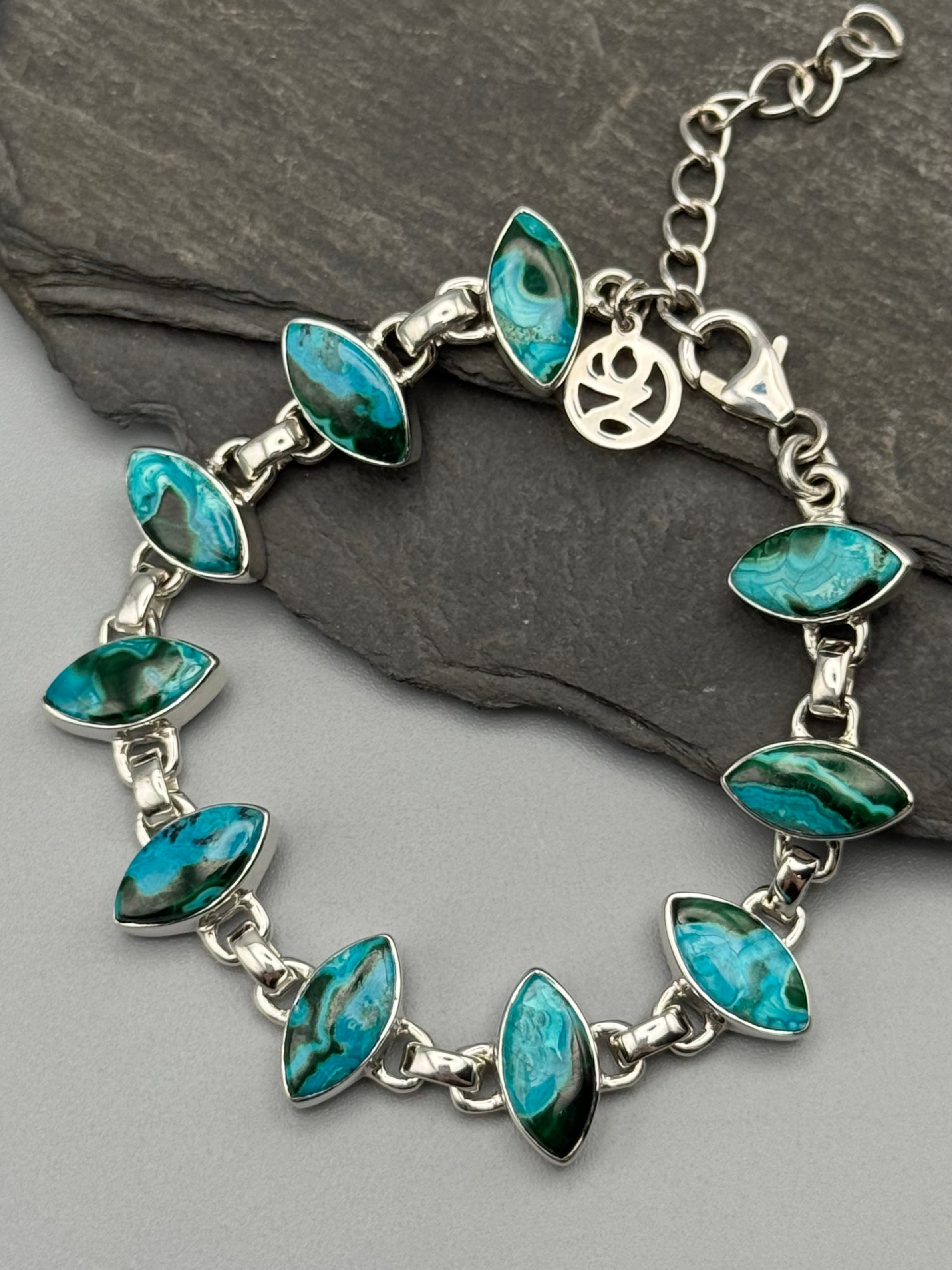 •MALACHITE CHRYSOCOLLA - MARQUISE• linked silver bracelet (6.5" - 7.75")