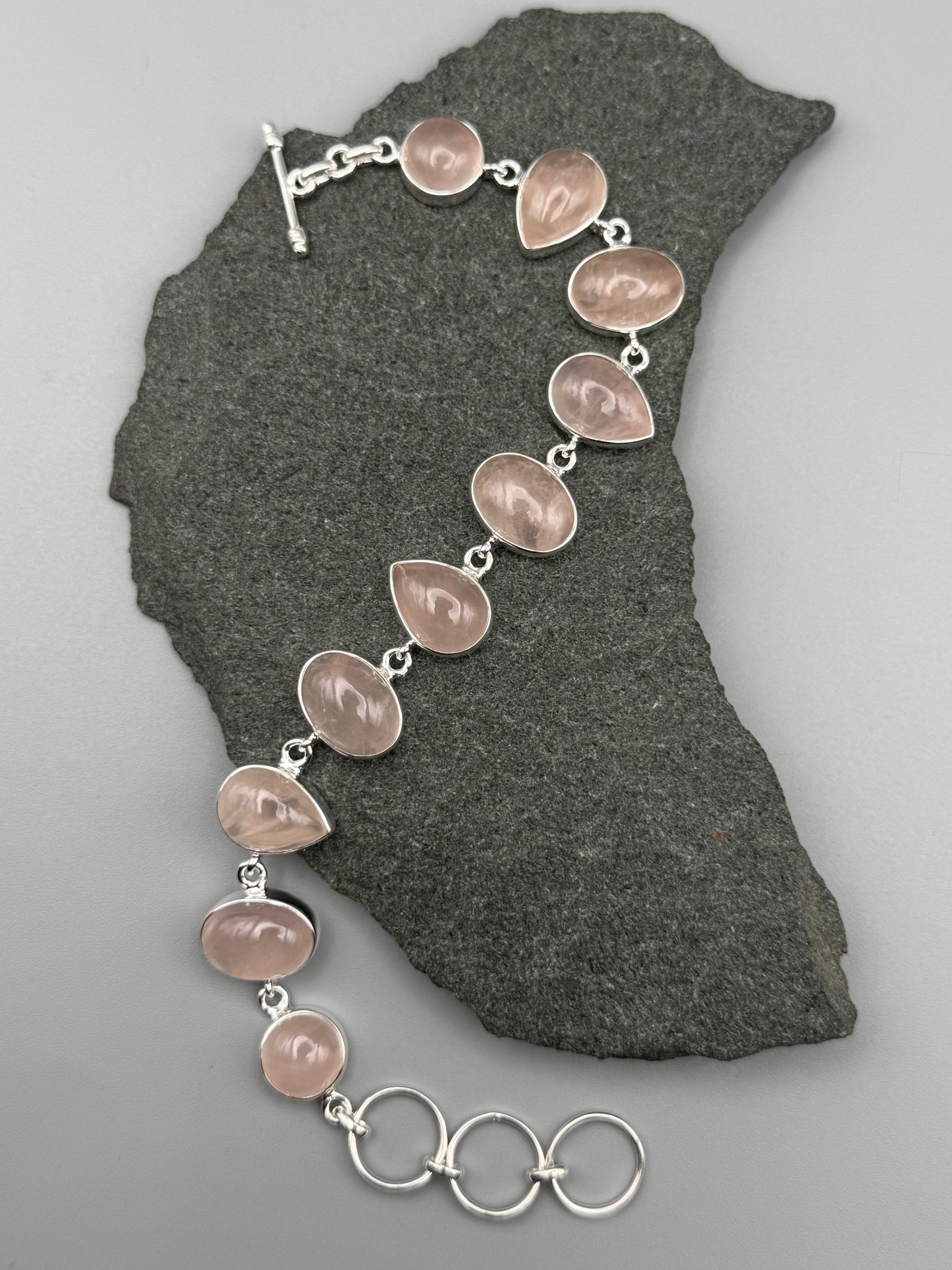 •ROSE QUARTZ - GEO MIX• linked silver bracelet (7.25" - 8.25")