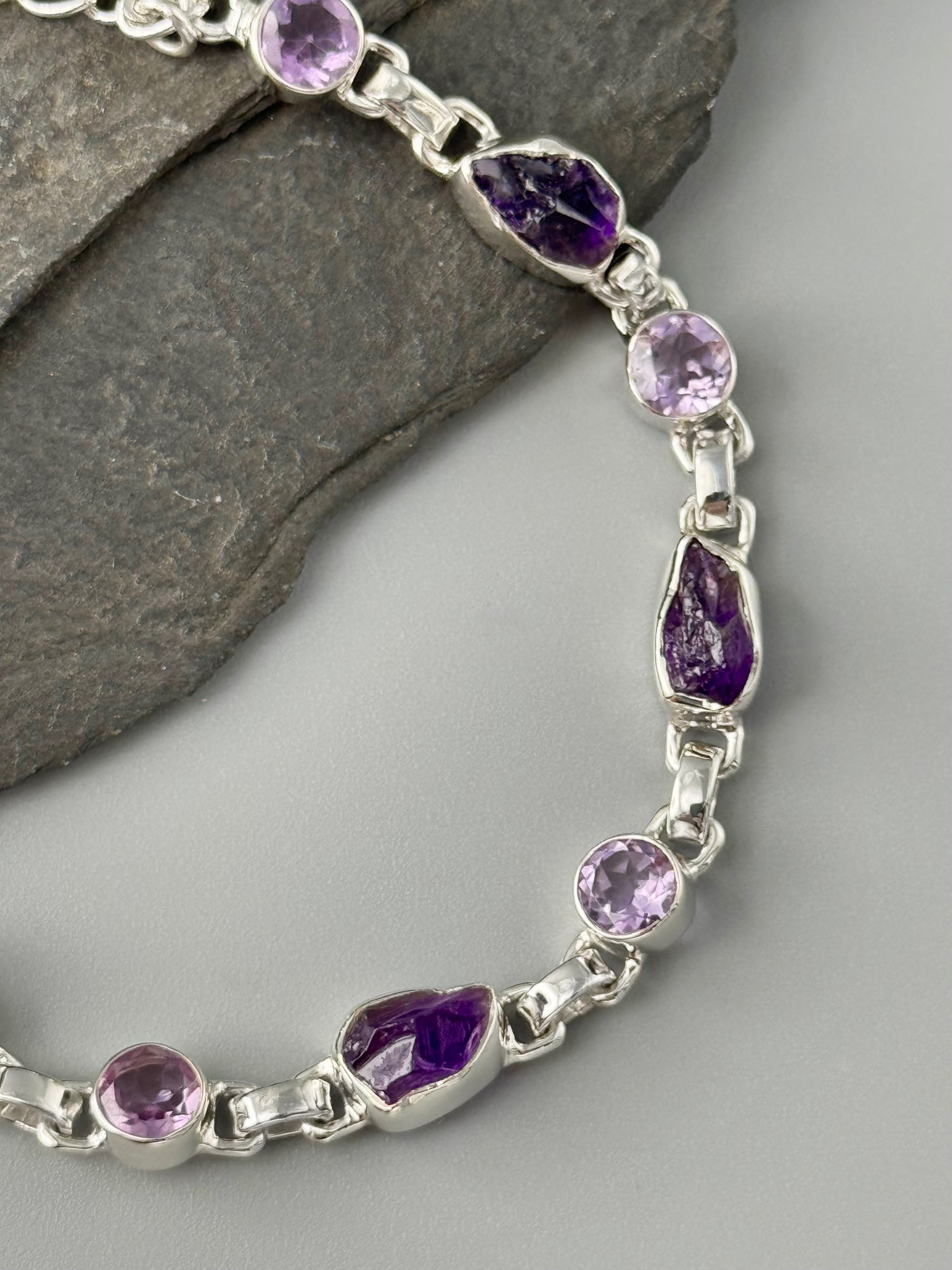 •AMETHYST - FACETED + ORGANIC• linked silver bracelet (6.75" - 8")
