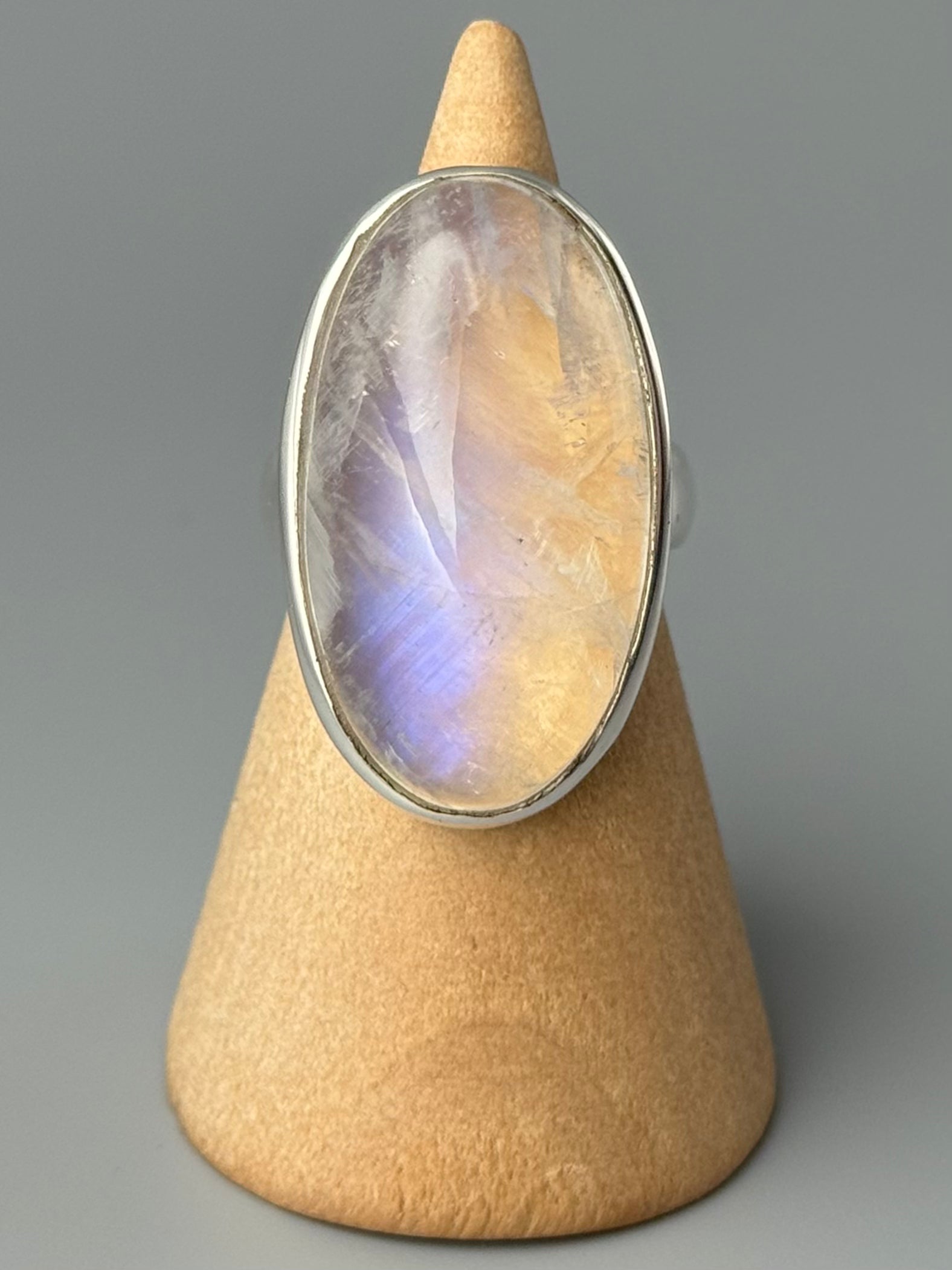 •RAINBOW MOONSTONE - LARGE OVAL• simple bezel silver ring (size 6.75)