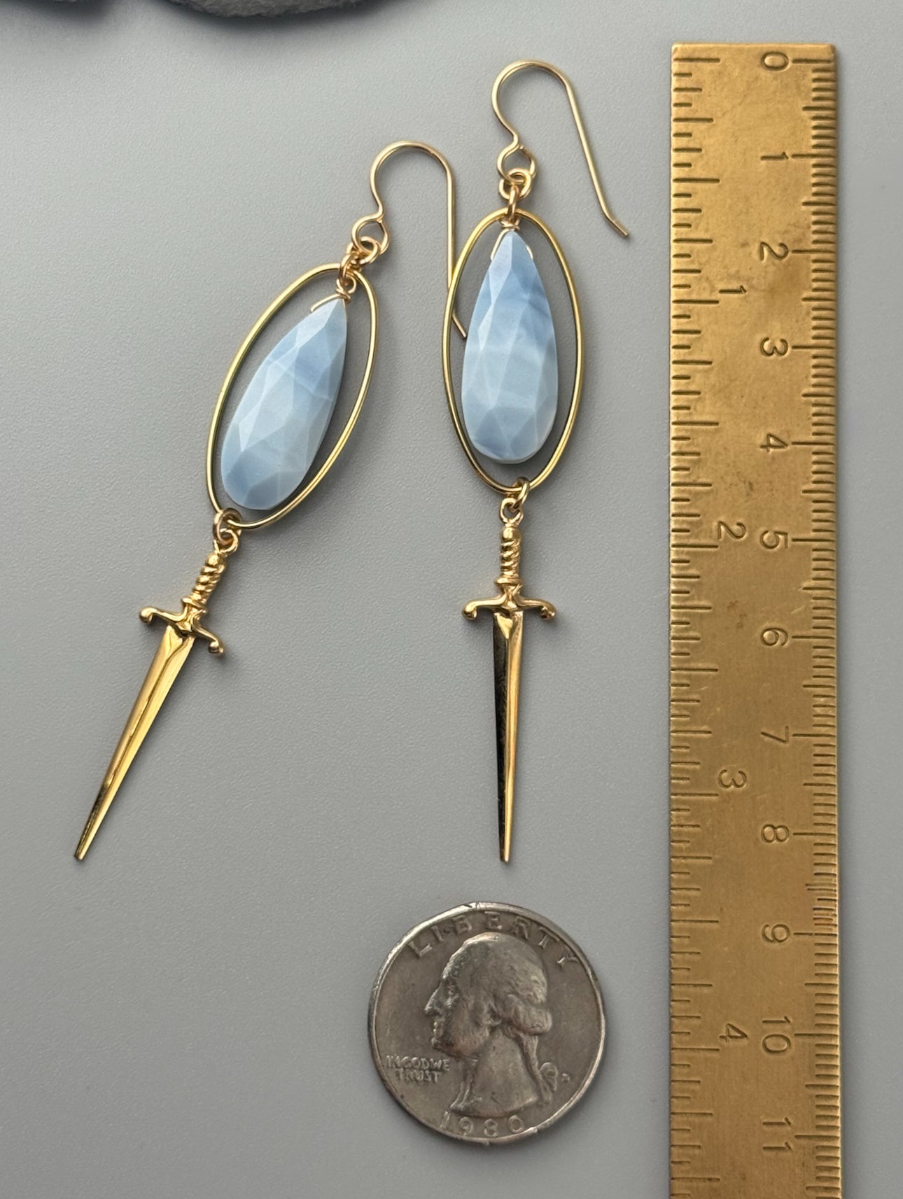 •DAGGER DUEL• blue opal + gold earrings