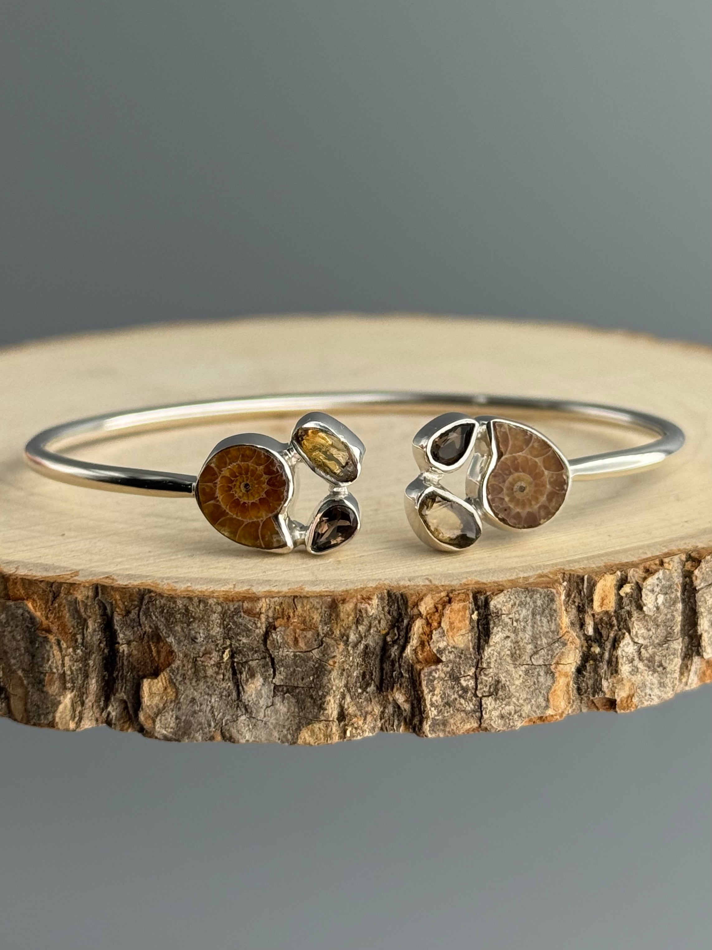 •CLUSTER• ammonite + citrine + smoky quartz + silver twist-on cuff bracelet