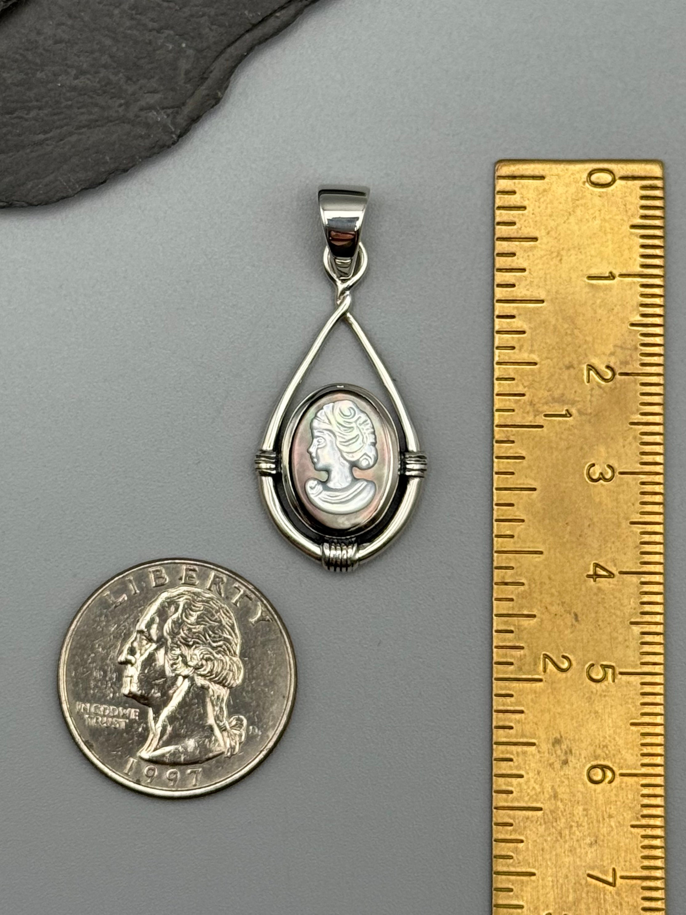 •MOTHER OF PEARL CAMEO - HITCHED - 1• sterling silver pendant