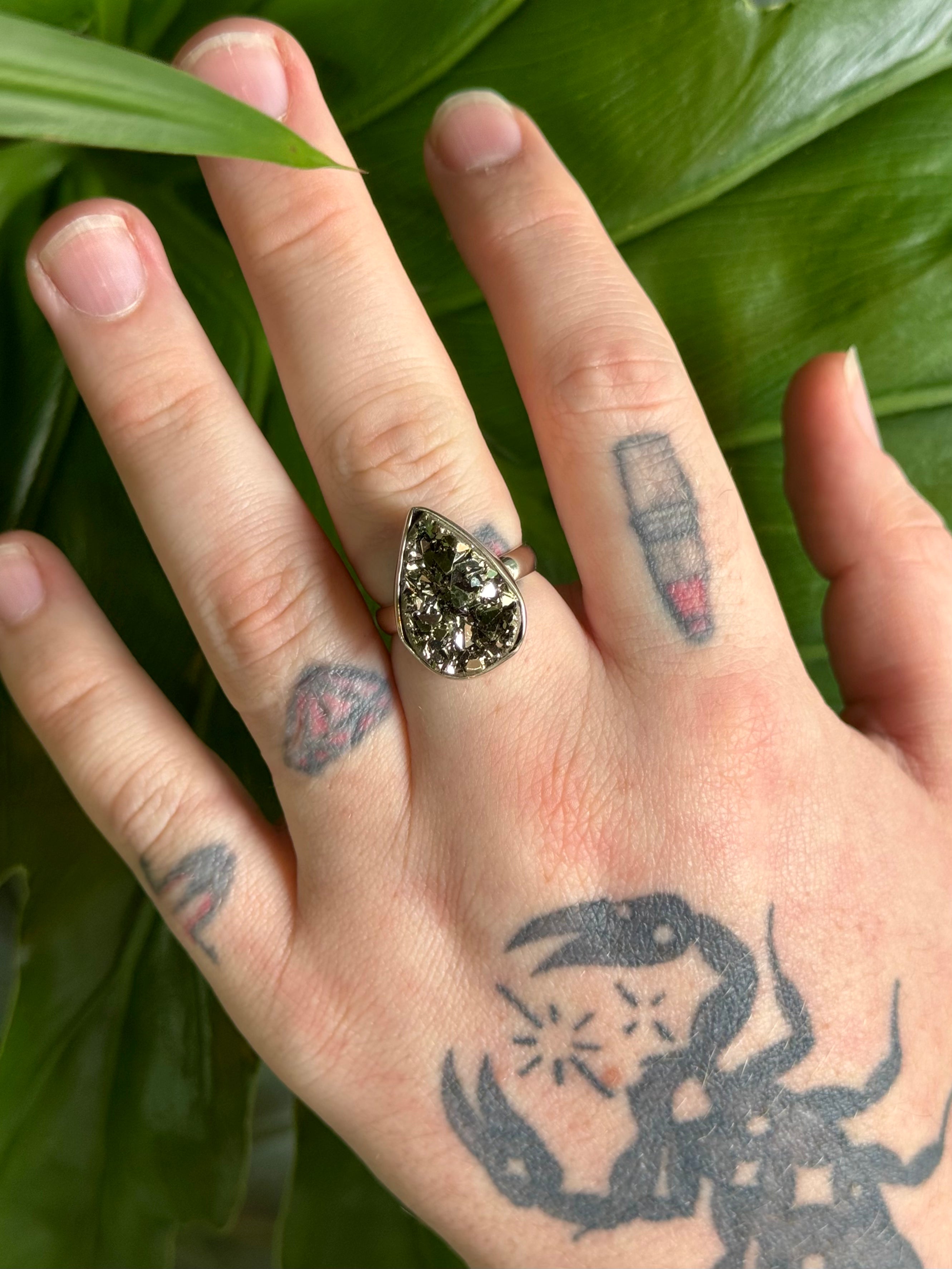 •PYRITE - TEARDROP - 2• silver ring (size 9)