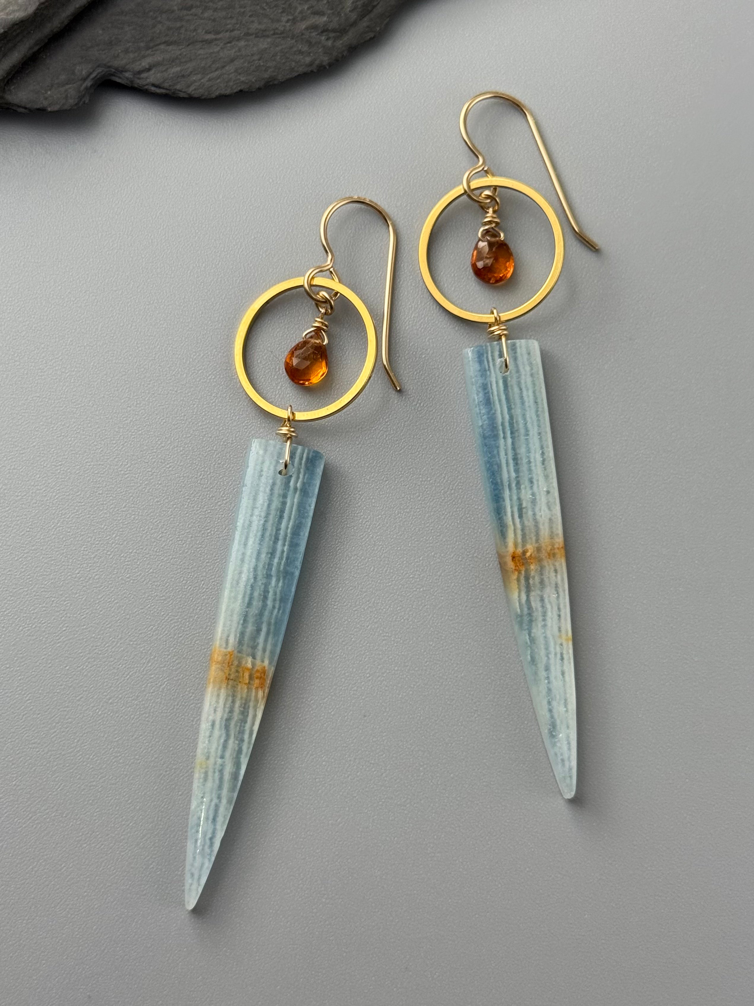 •LUNA• hessonite garnet + blue calcite gold earrings