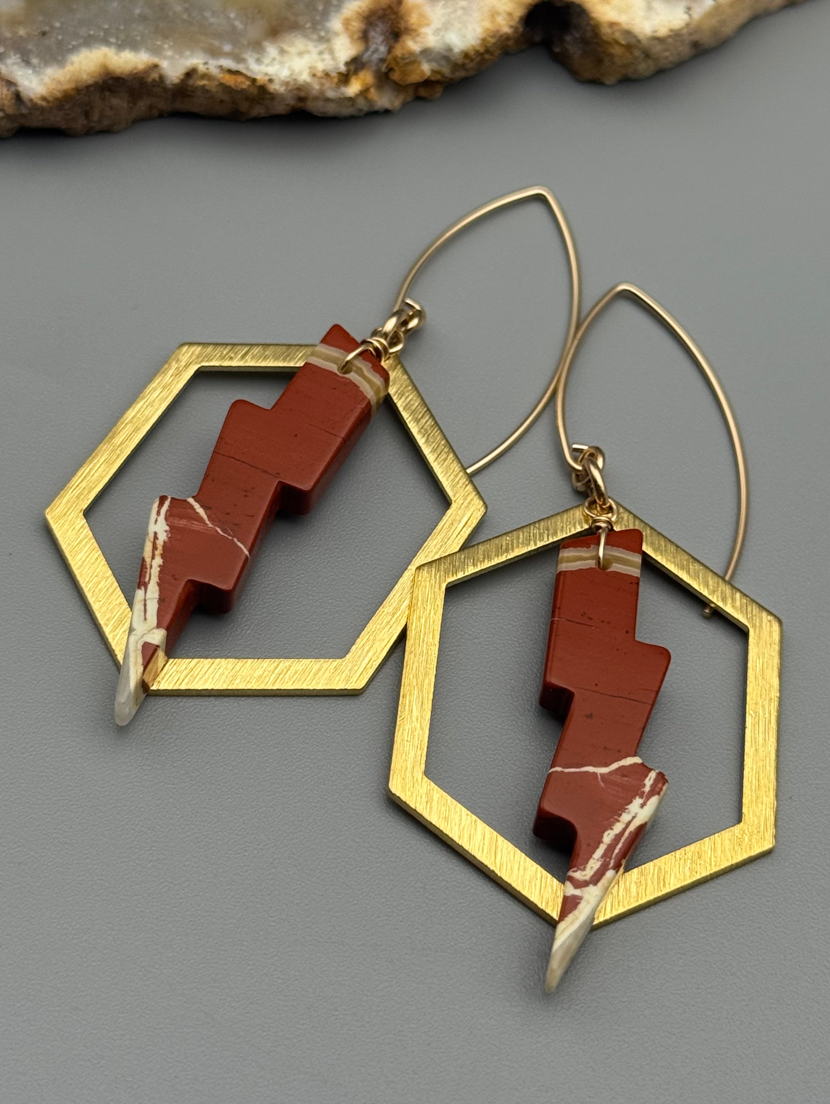 •HEX LIGHTNING• red jasper + gold earrings
