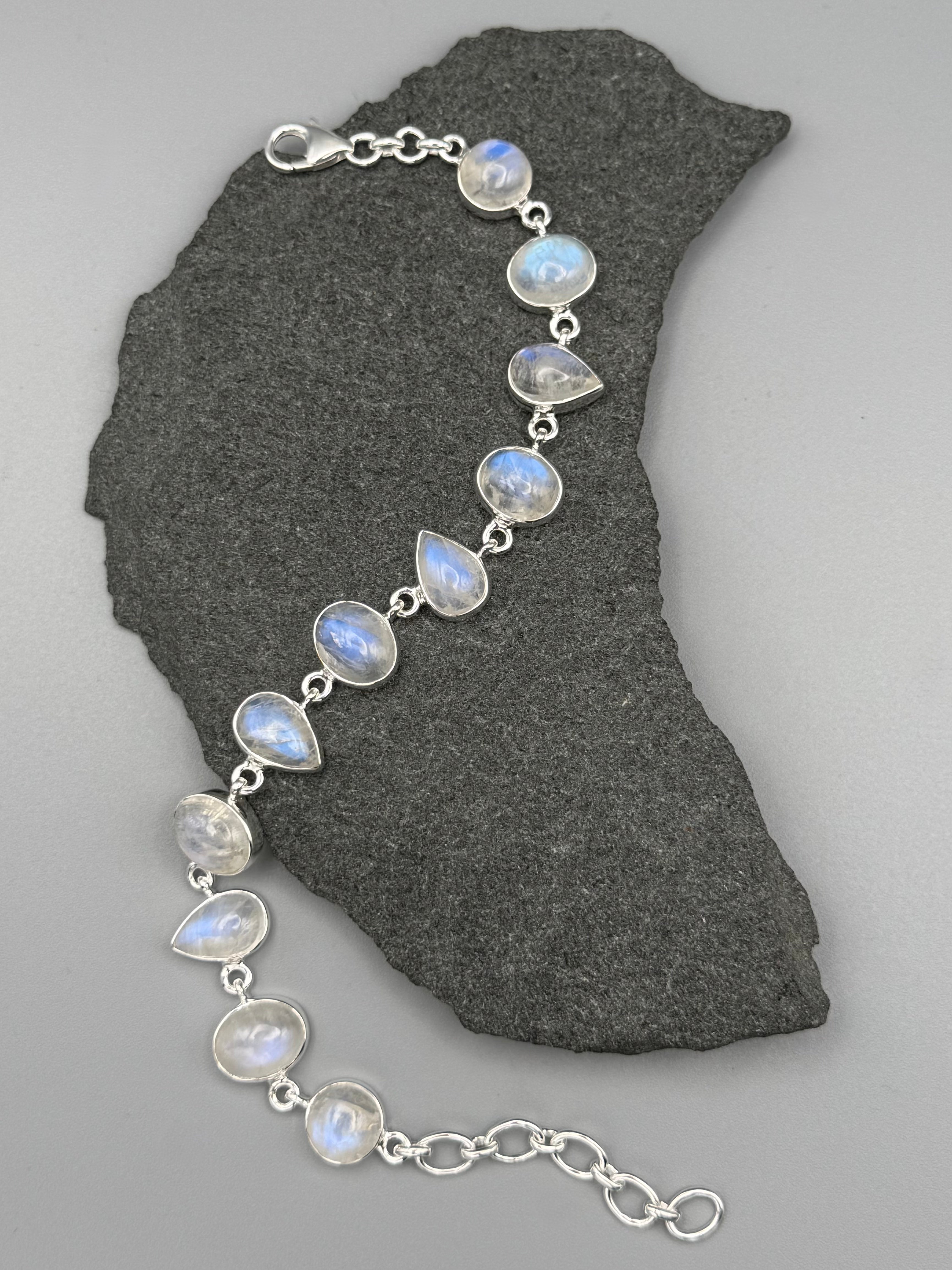 •RAINBOW MOONSTONE - GEO MIX• linked silver bracelet (7.5" - 9")