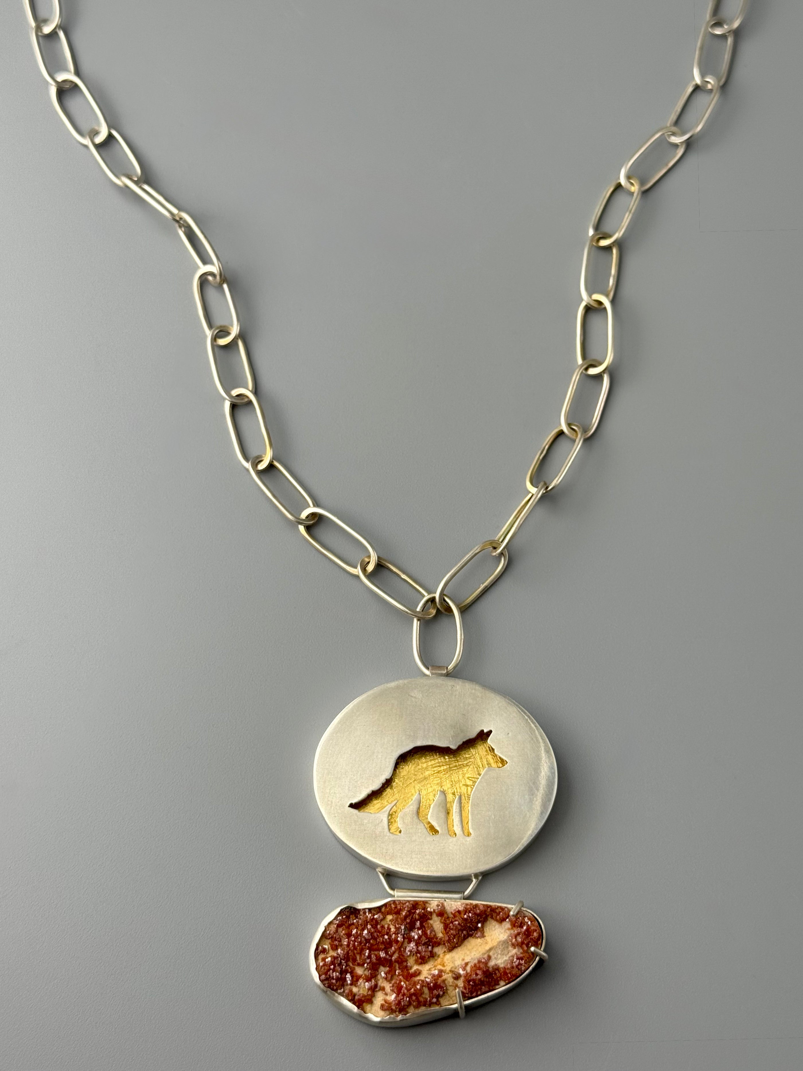 •KEUM-BOO VIXEN• hessonite garnet + mixed metal fox shadowbox necklace (20" long + 3" drop)