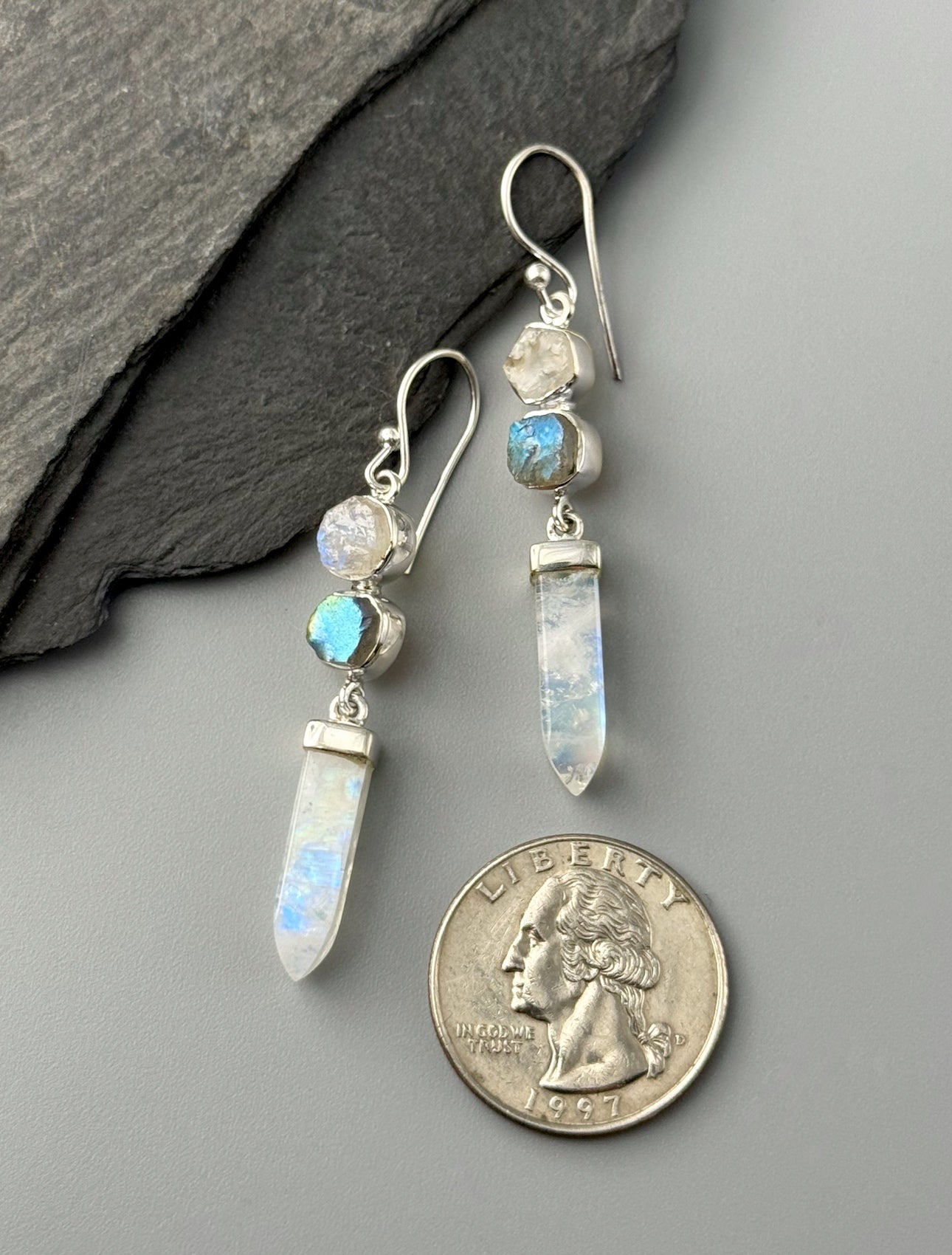 •RAINBOW MOONSTONE + LABRADORITE - DOT DOT DASH• silver dangle earrings