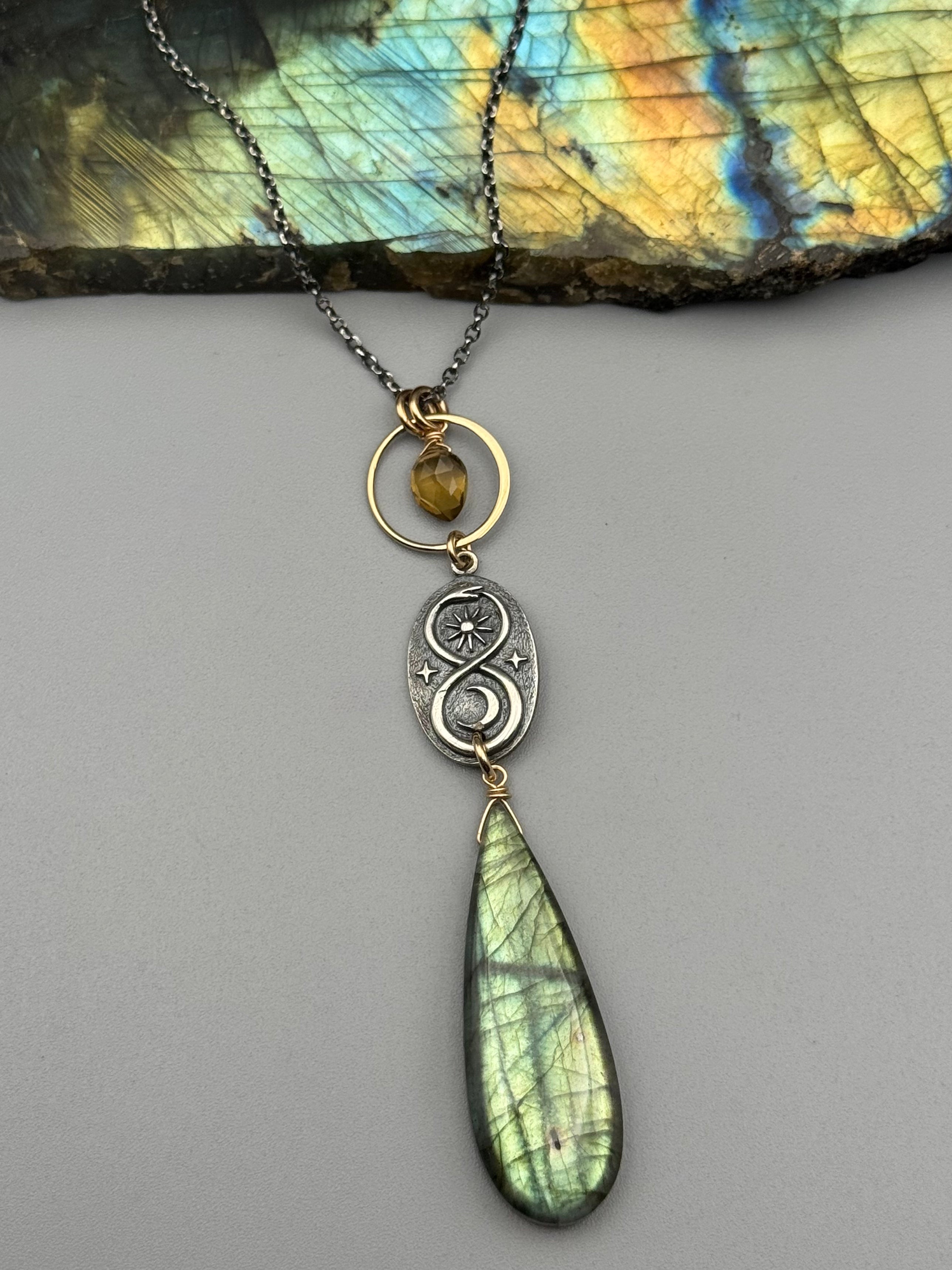 •NĀGA• labradorite + citrine mixed metal necklace (16"-18" long)