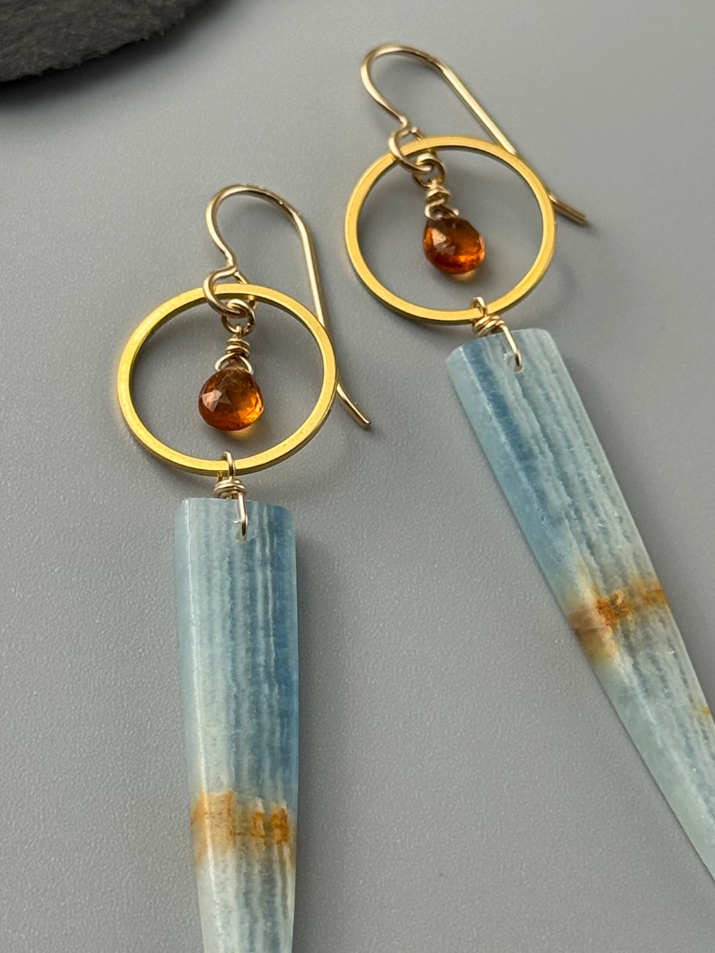 •LUNA• hessonite garnet + blue calcite gold earrings