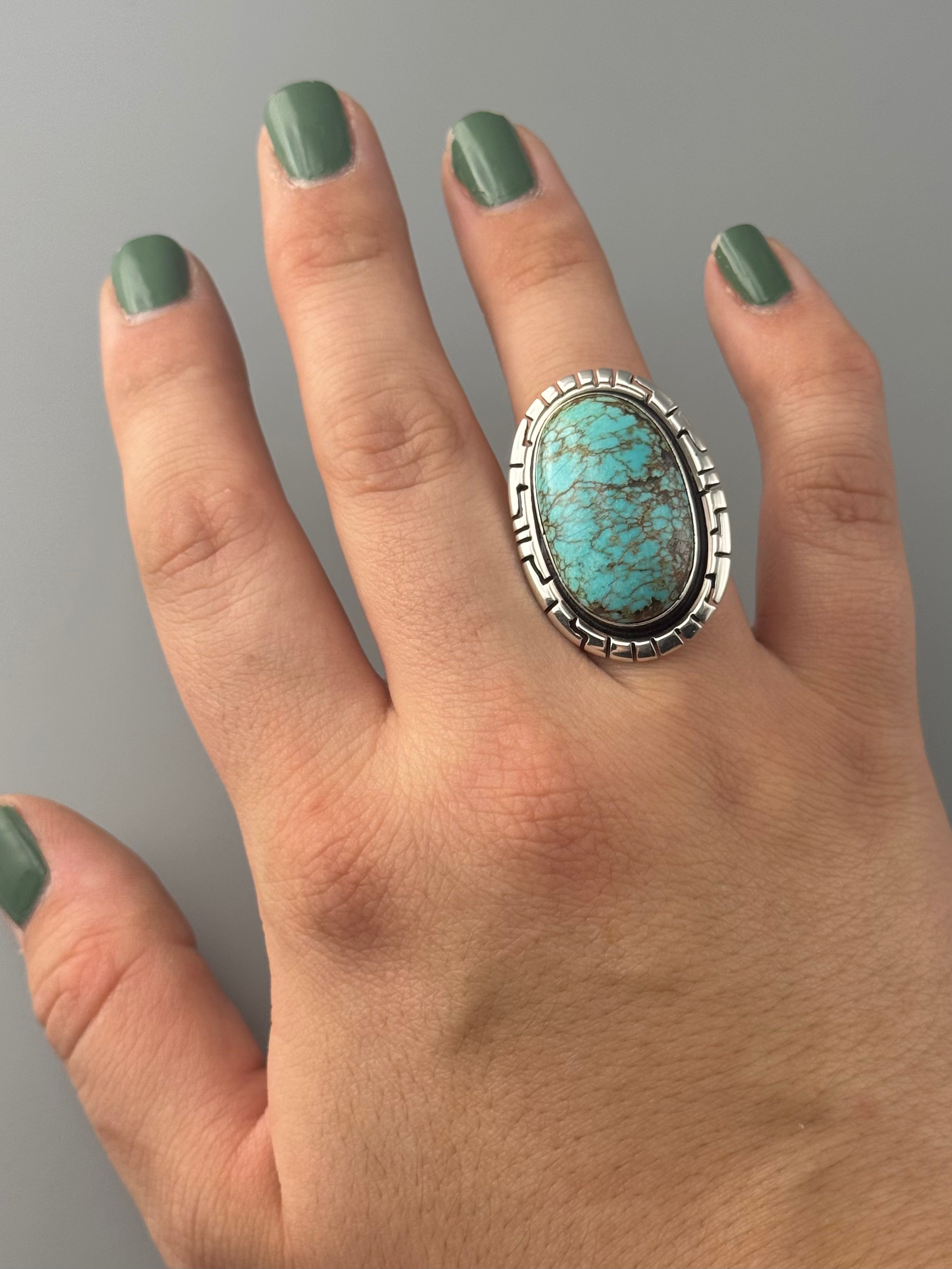 •#8 NEVADA TURQUOISE - STORM• Navajo silver ring (size 8)