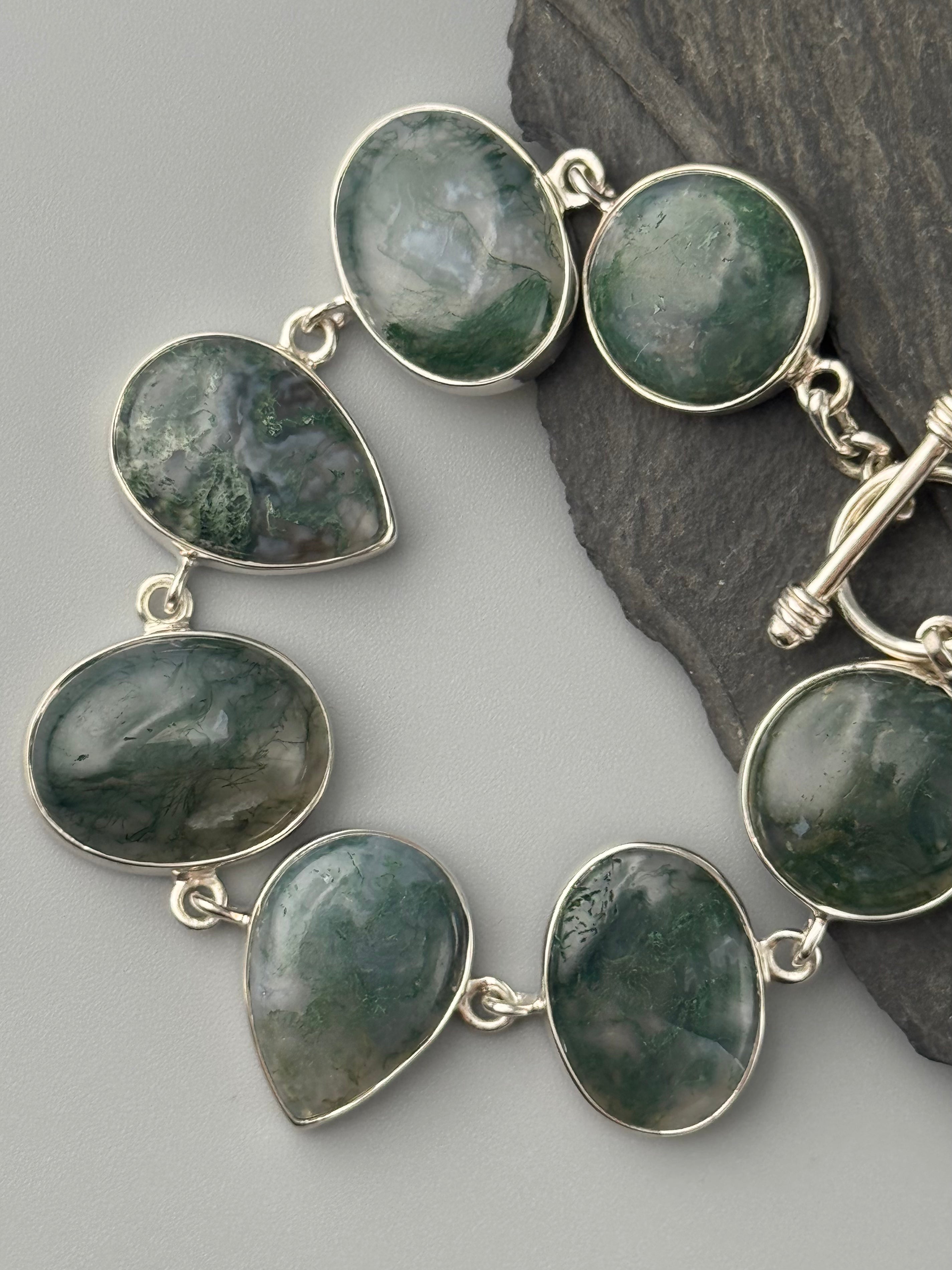 •MOSS AGATE - GEO MIX• linked silver bracelet (6.75" - 8")