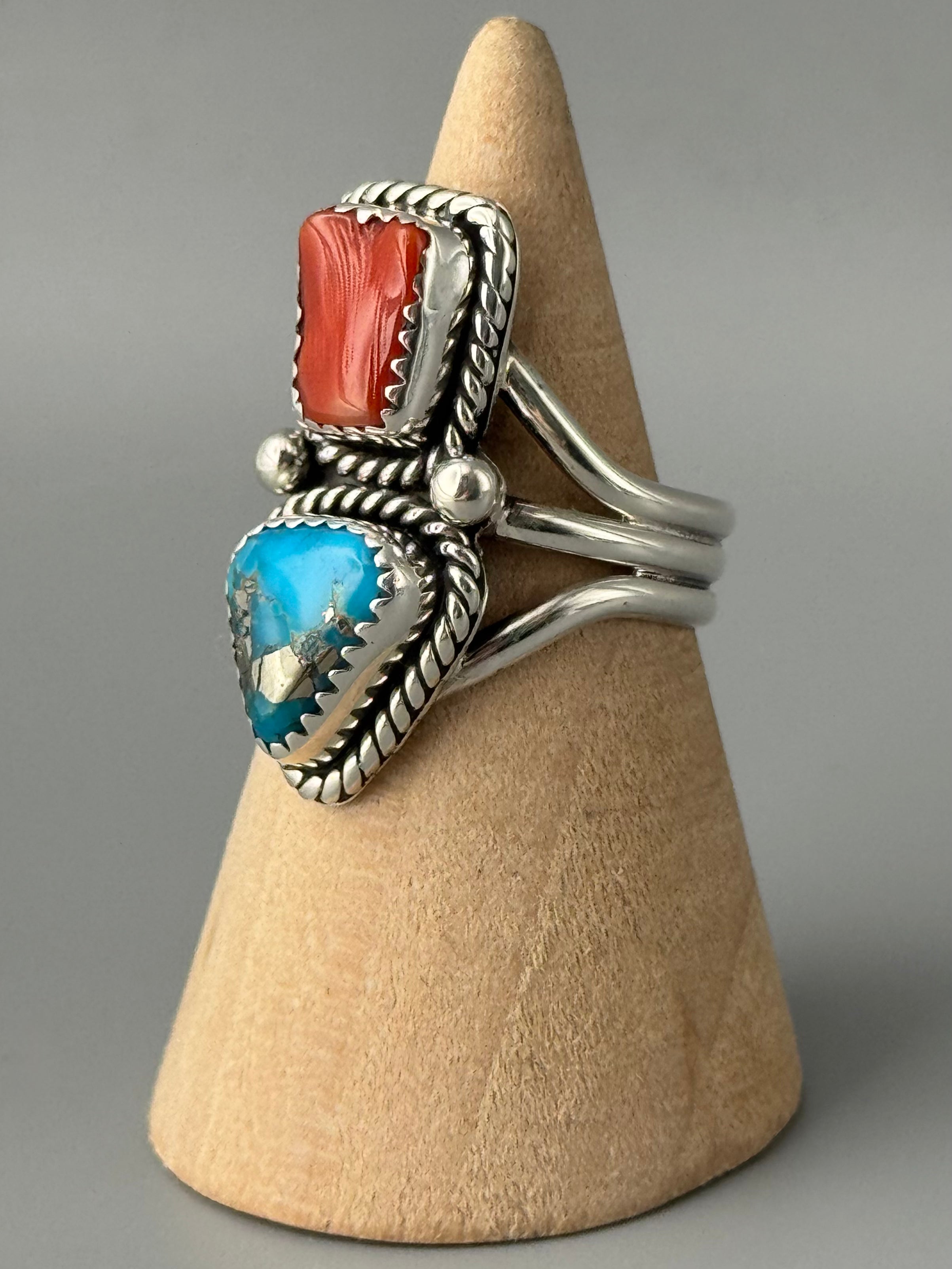•PYRITIZED TURQUOISE & CORAL - NAAKI• Navajo silver ring (size 7.75)