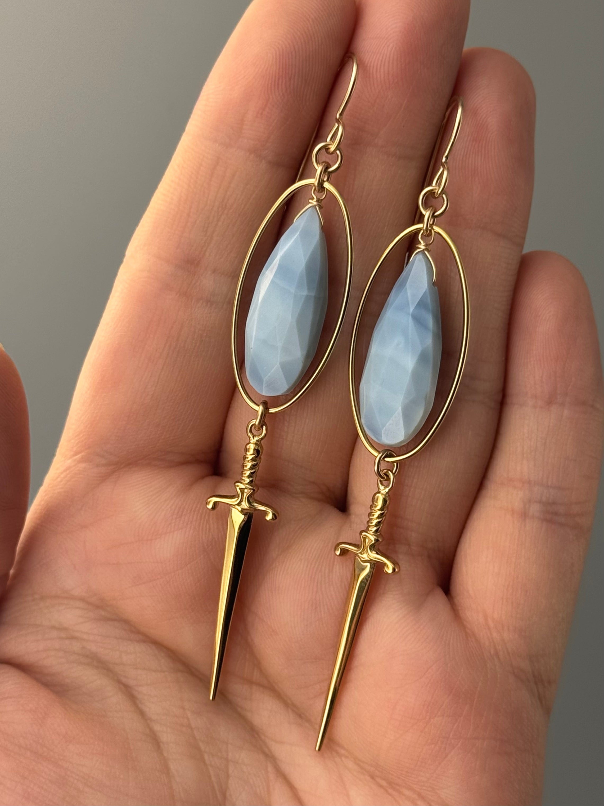 •DAGGER DUEL• blue opal + gold earrings