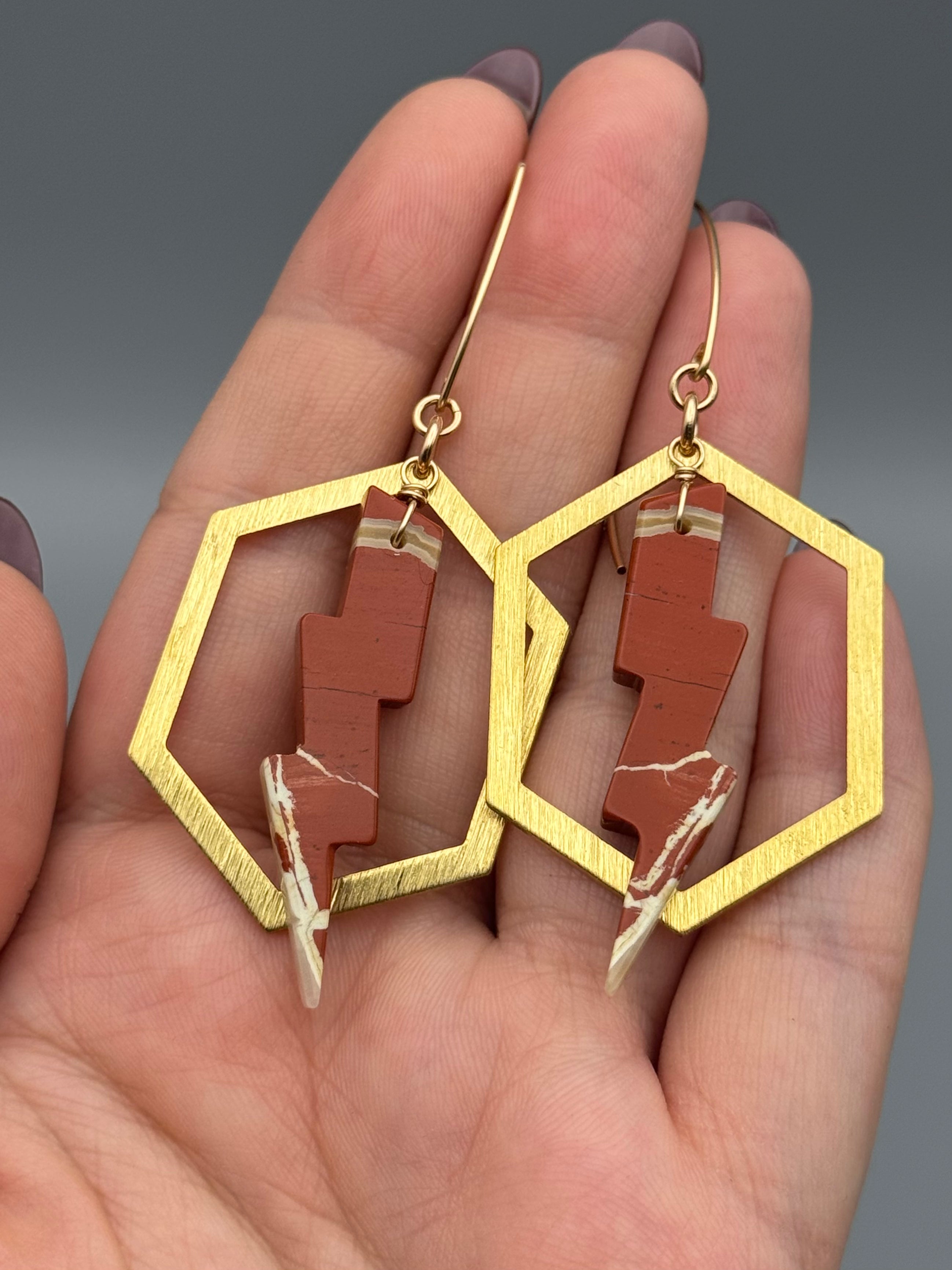 •HEX LIGHTNING• red jasper + gold earrings