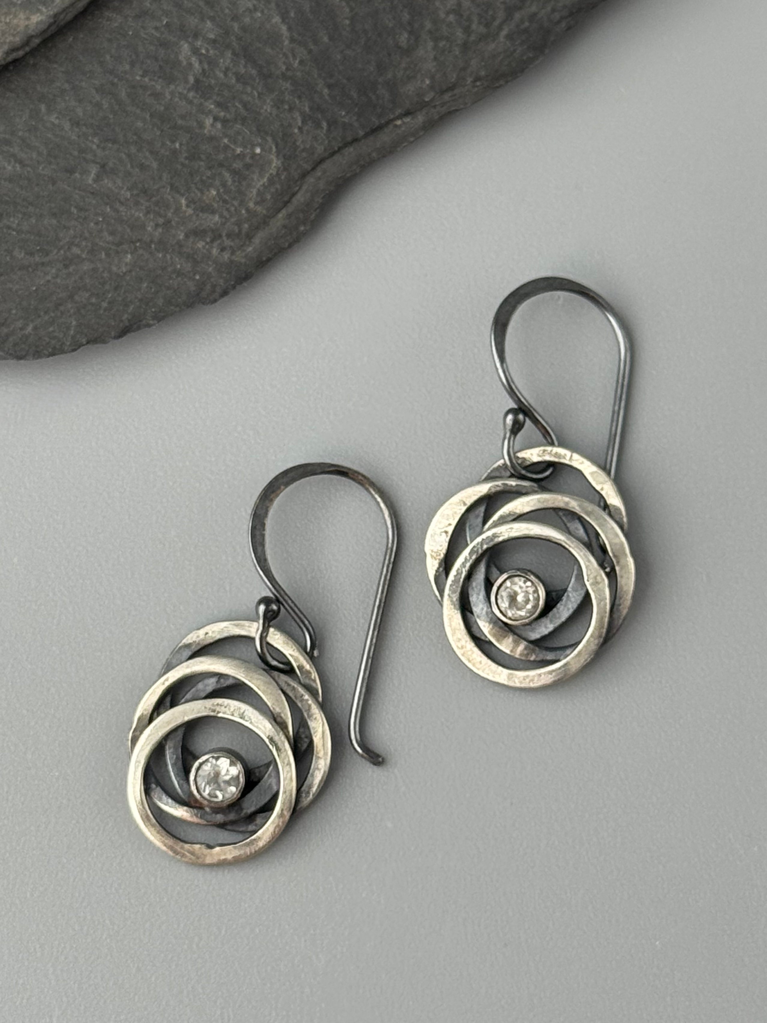 •TINY GALAXY• white topaz + oxidized silver earrings