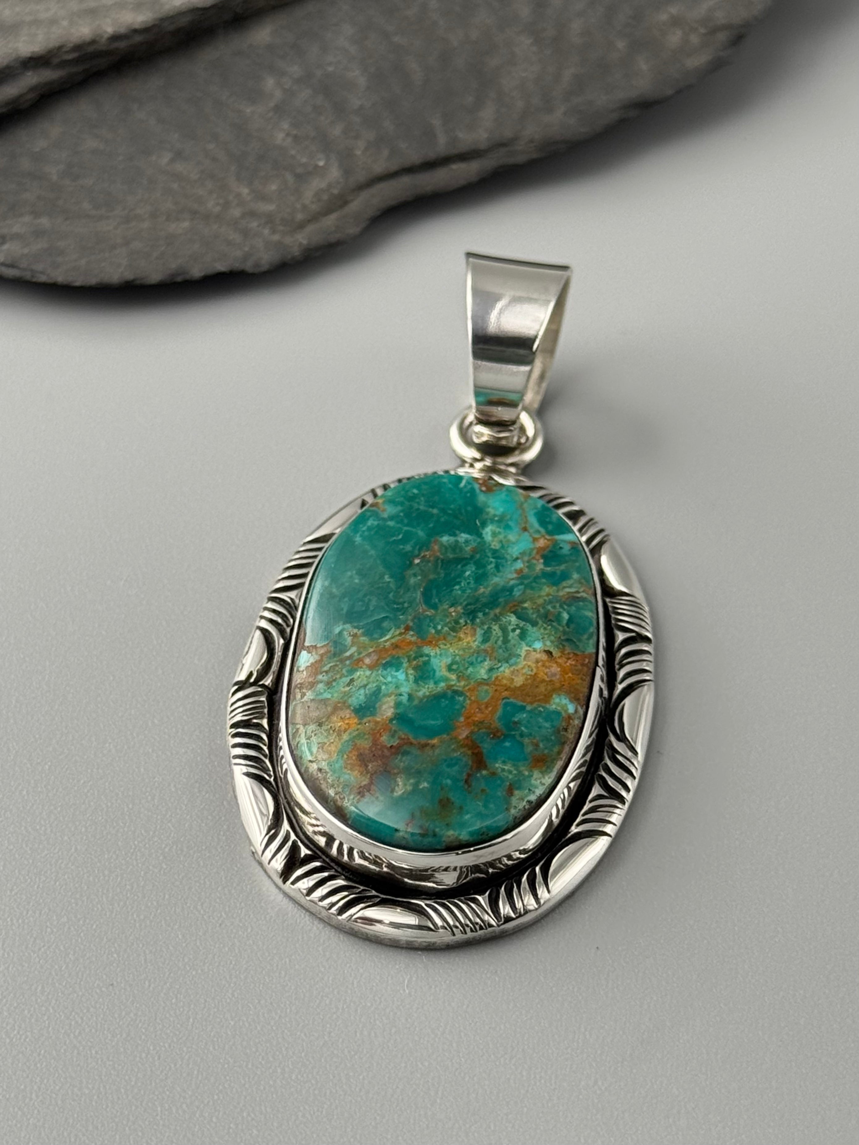 •TURQUOISE - MOUNTAIN FEATHERS• Navajo sterling silver pendant