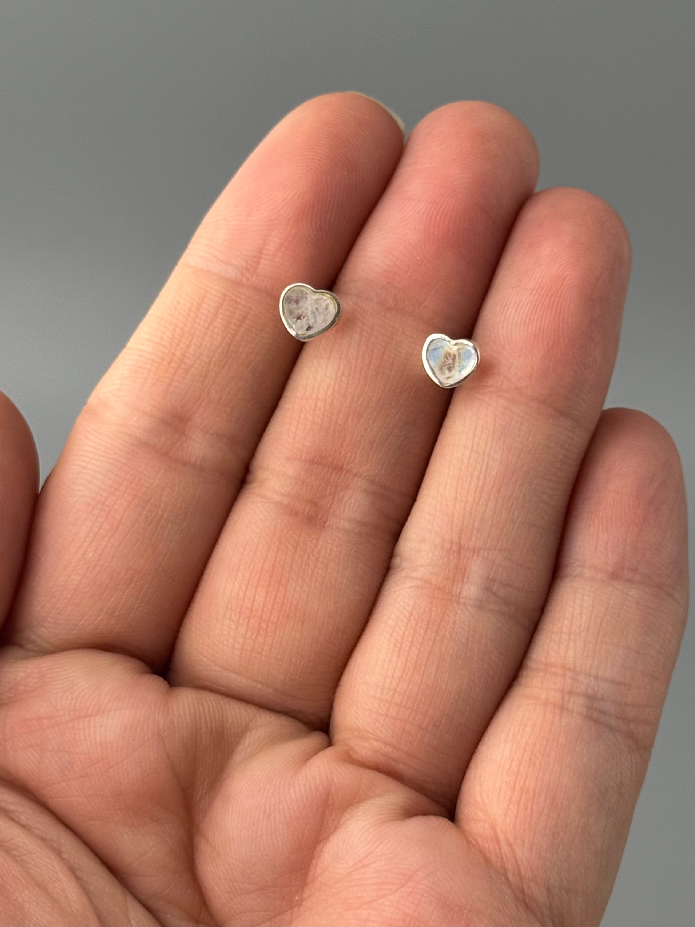 •RAINBOW MOONSTONE - LIL' HEARTS• silver stud earrings